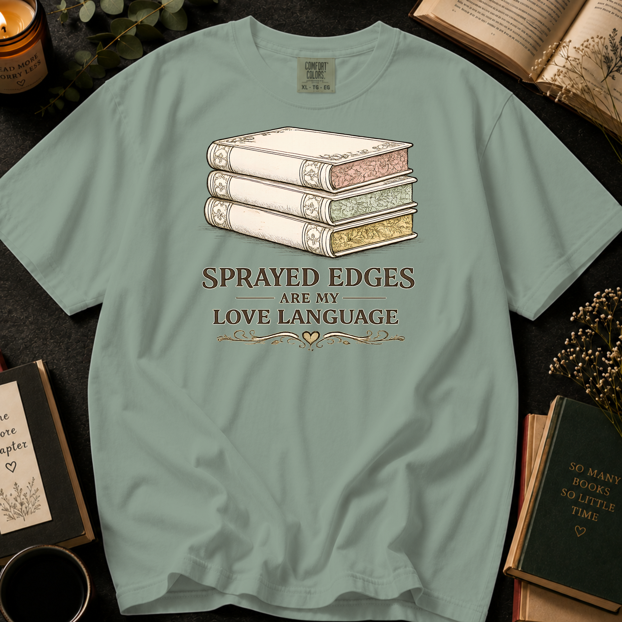 Sprayed Edges Are My Love Language T-Shirt: Vintage Book Stack in Bay - Comfort Colors® T-Shirt
