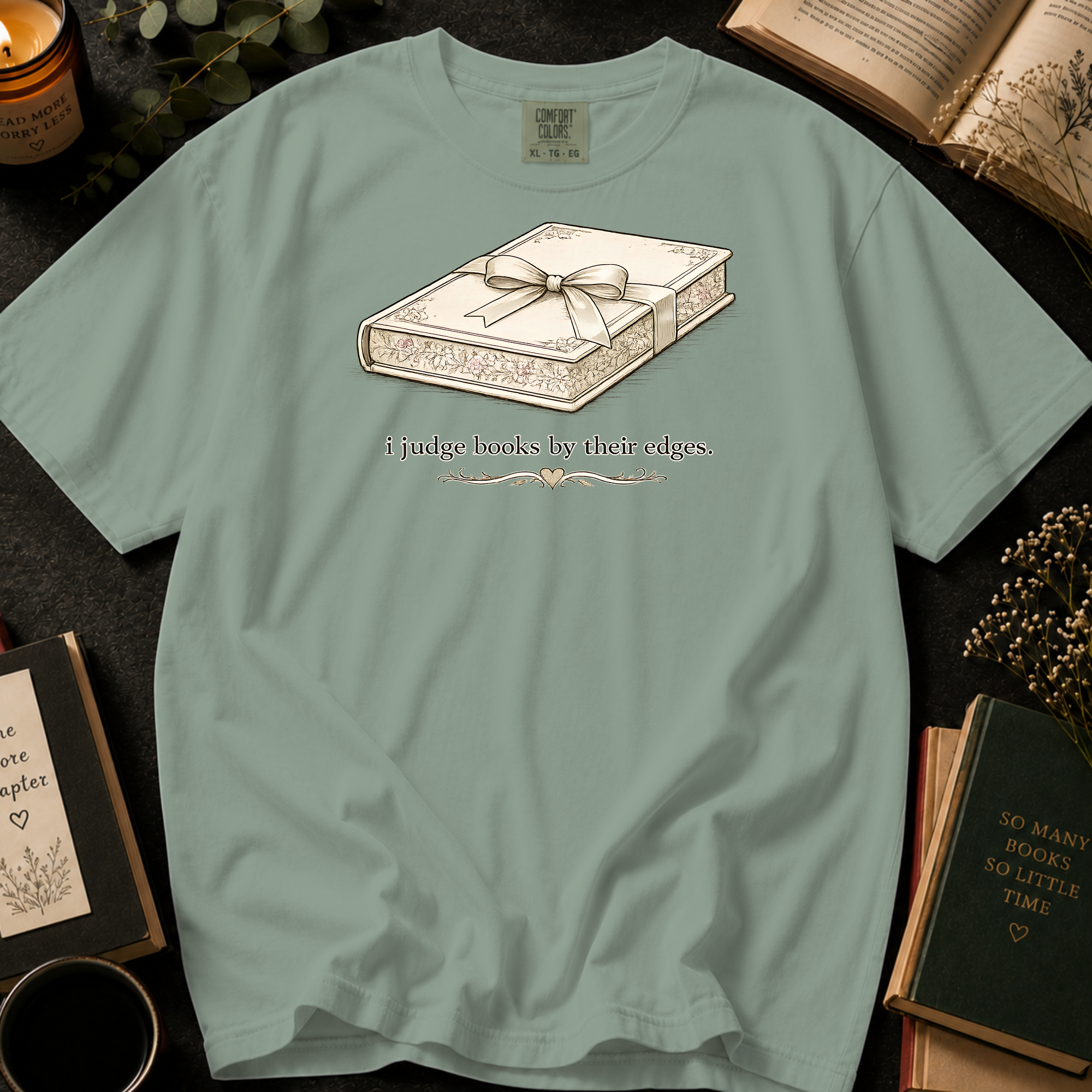 I Judge Books By Their Edges T-Shirt: Vintage Wrapped Book in Bay - Comfort Colors® T-Shirt
