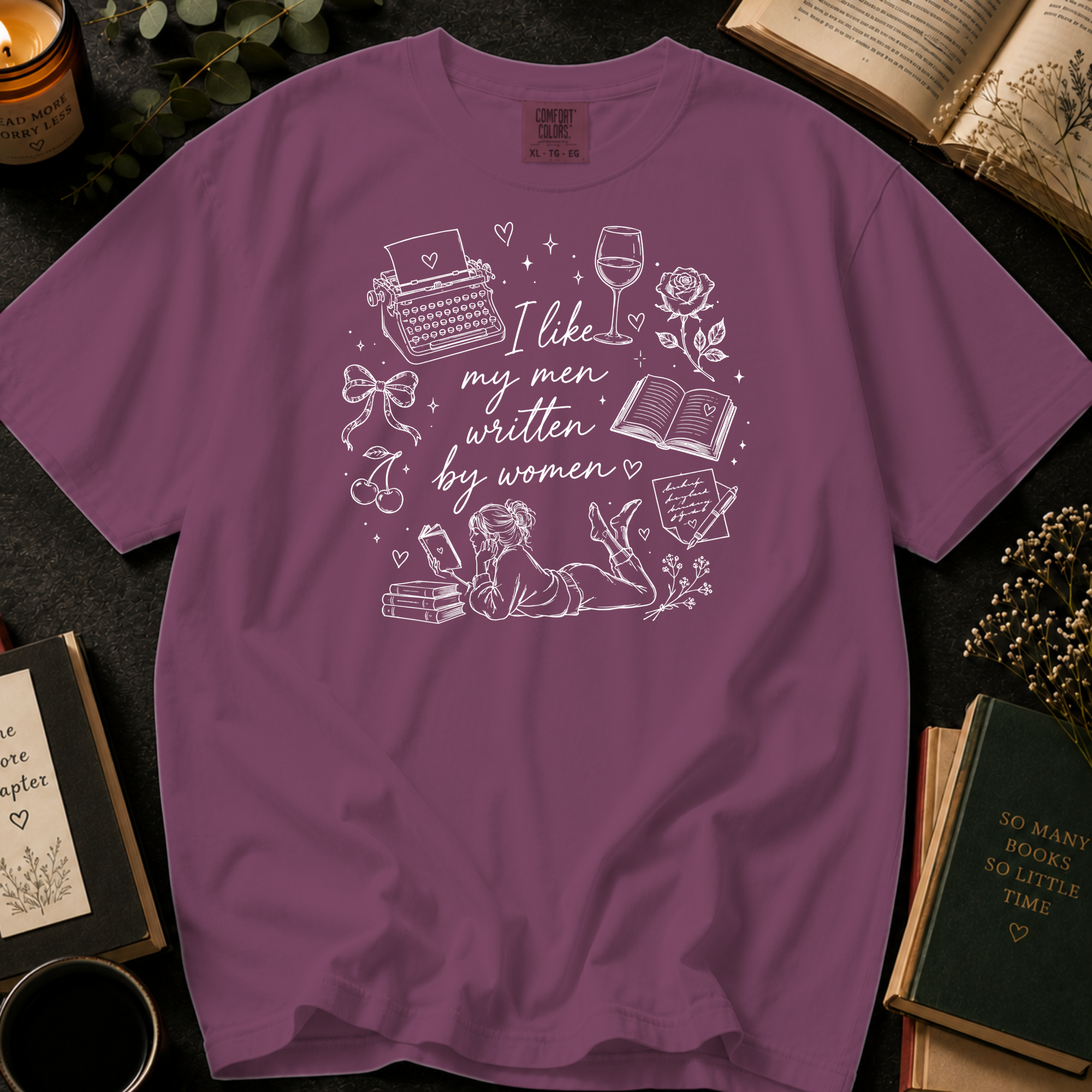 I Like My Men Written by Women T-Shirt: Typewriter and Book Lover in Berry - Comfort Colors® T-Shirt