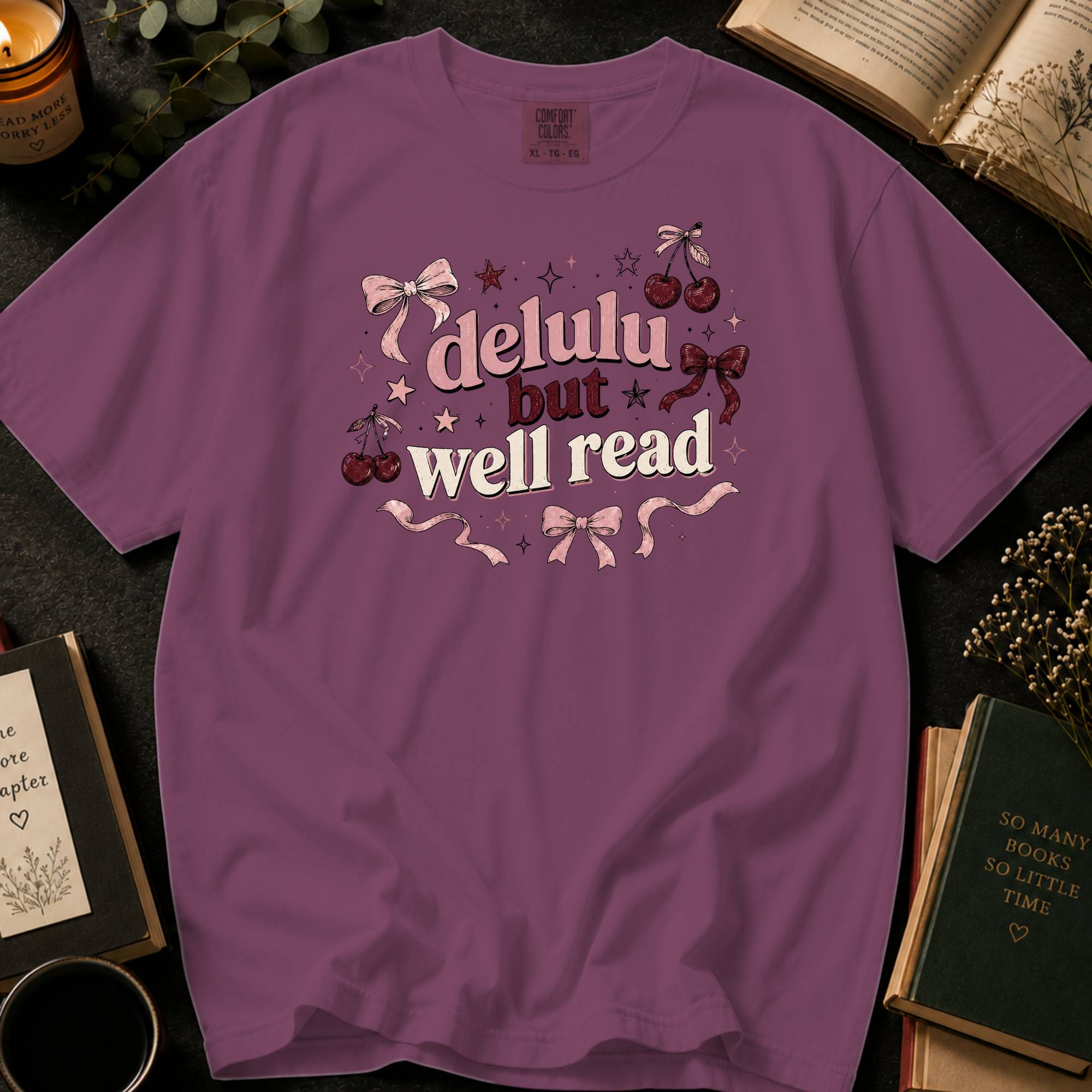 Delulu But Well Read T-Shirt: Retro Cherry and Bow in Berry - Comfort Colors® T-Shirt