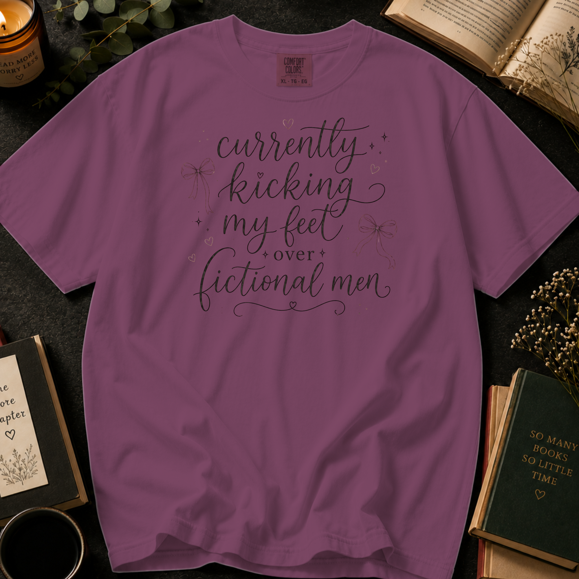 Currently Kicking My Feet Over Fictional Men T-Shirt: Script and Bows in Berry - Comfort Colors® T-Shirt