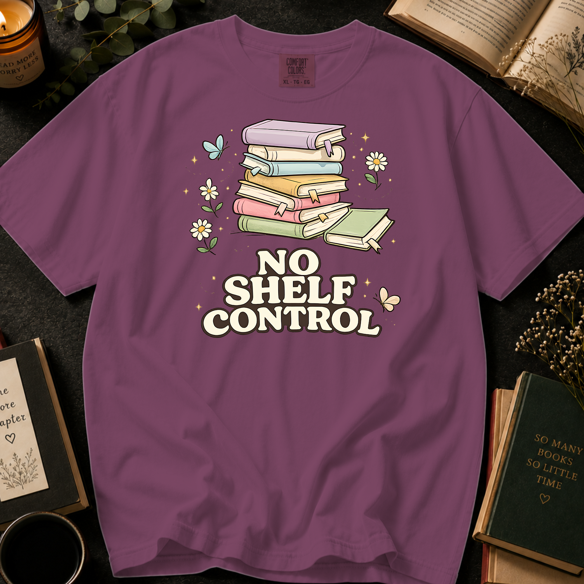 No Shelf Control T-Shirt: Pastel Book Stack in Berry - Comfort Colors® T-Shirt