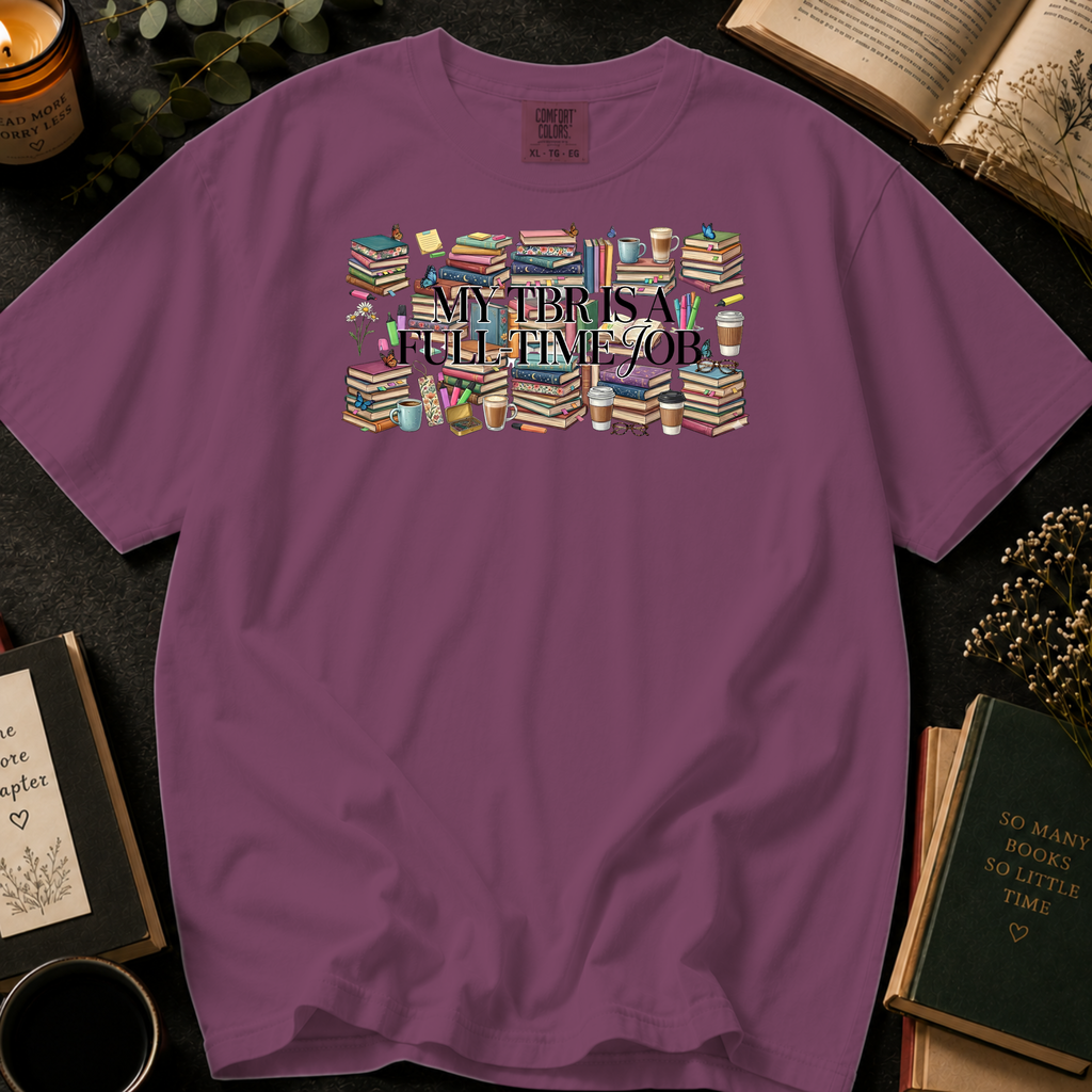 My TBR Is A Full-Time Job T-Shirt: Stacked Book Collage in Berry - Comfort Colors® T-Shirt