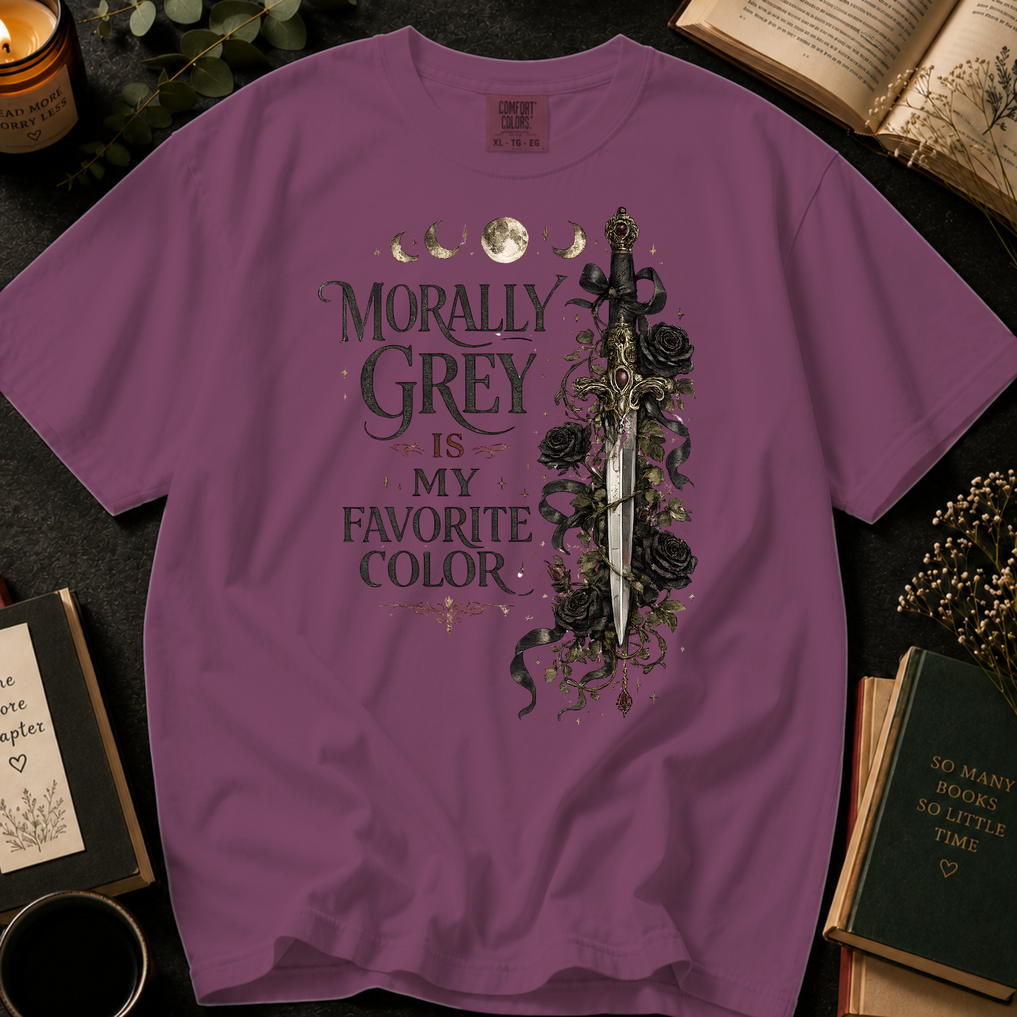 Morally Grey Is My Favorite Color T-Shirt: Gothic Dagger and Roses in Berry - Comfort Colors® T-Shirt