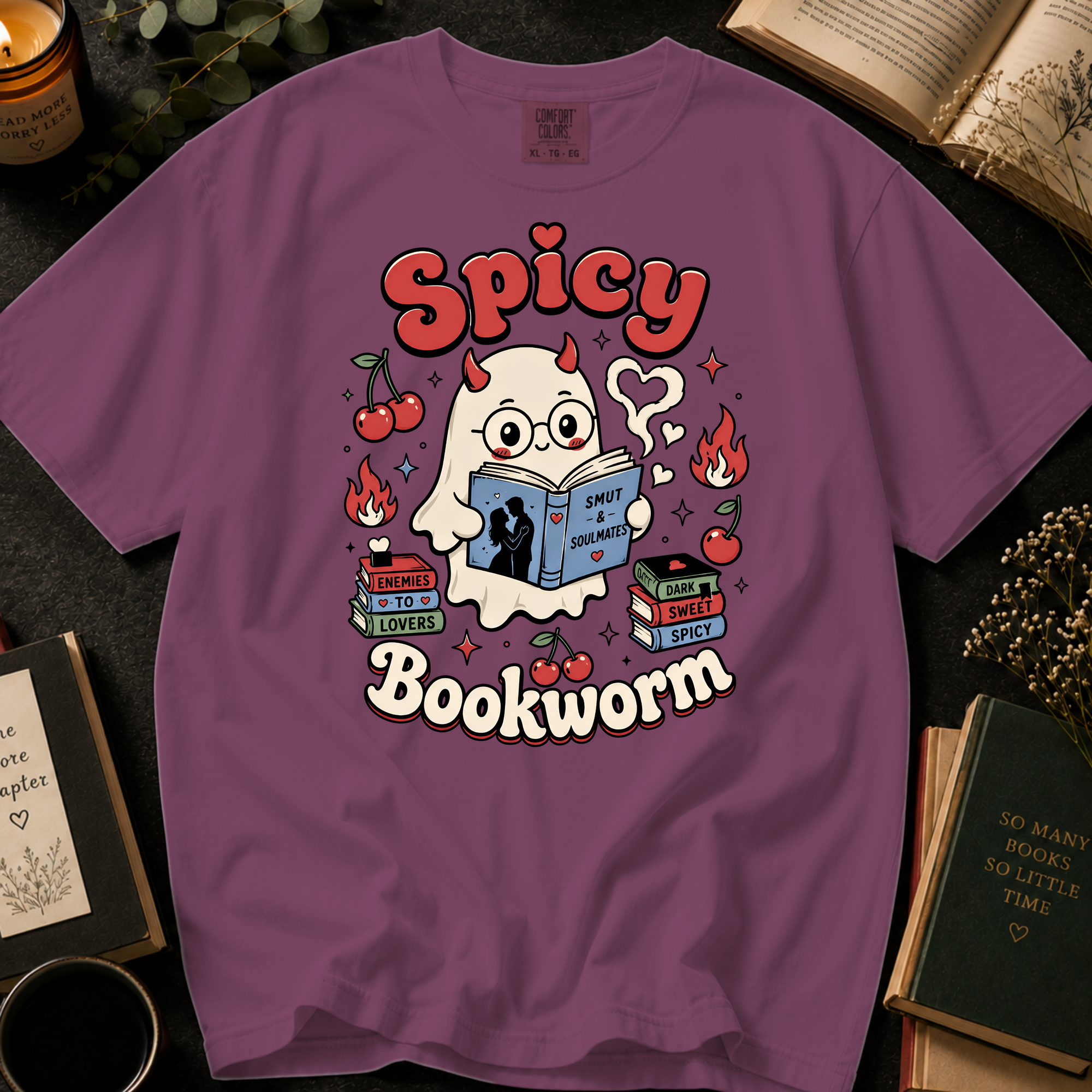 Spicy Bookworm T-Shirt: Cute Devil Ghost Reading in Berry - Comfort Colors® T-Shirt