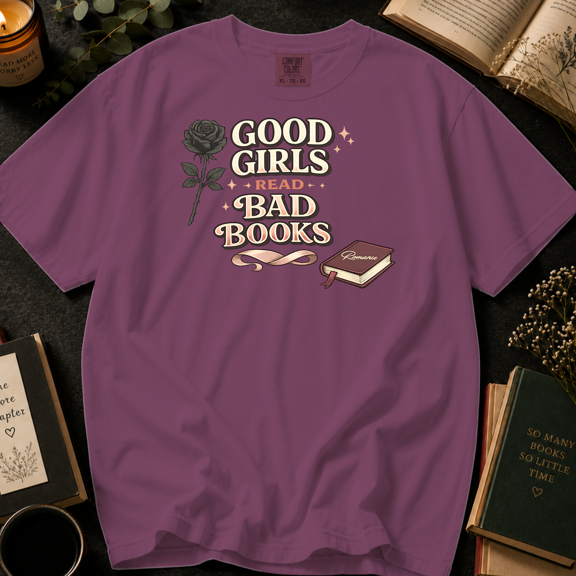 Good Girls Read Bad Books T-Shirt: Gothic Rose in Berry - Comfort Colors® T-Shirt