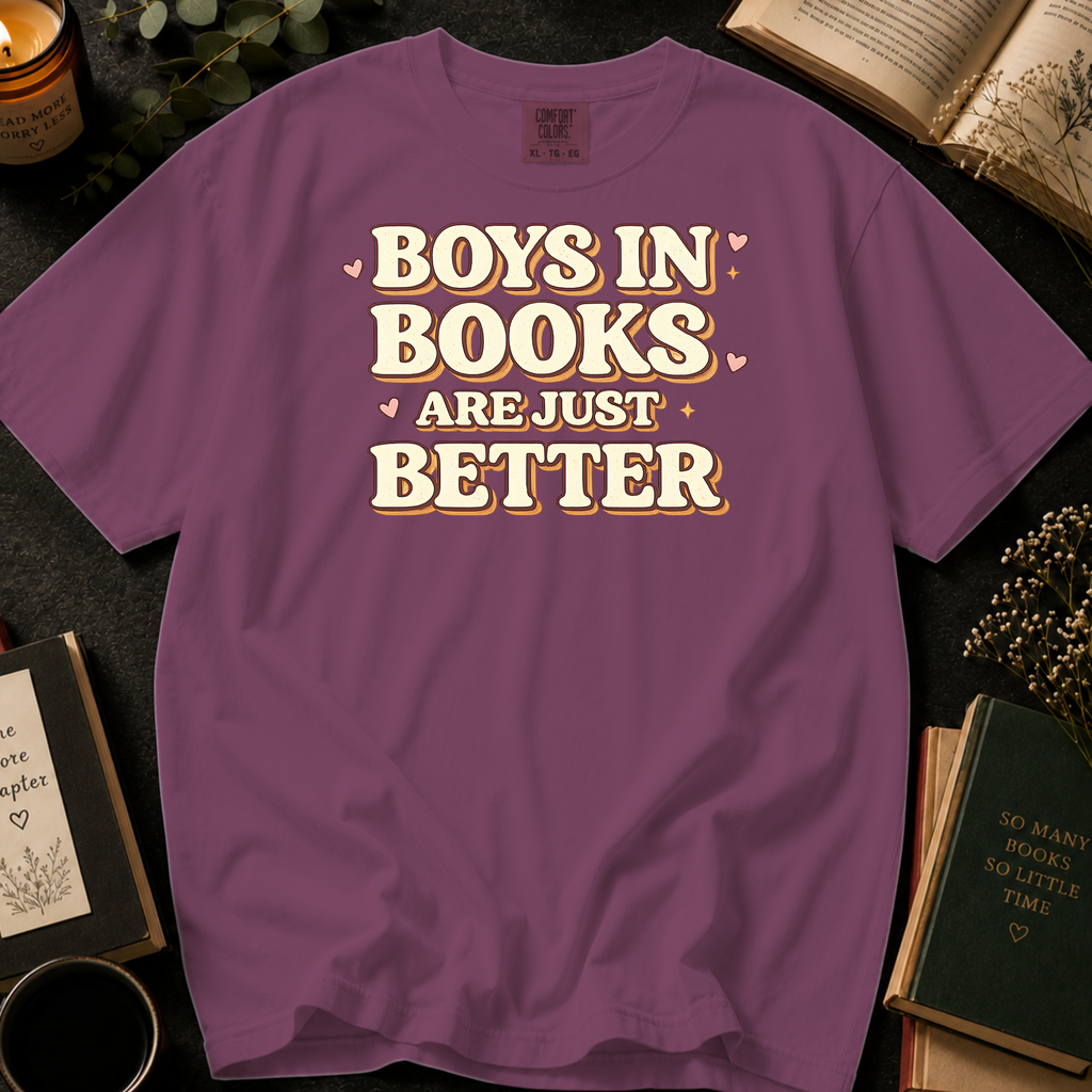 Boys In Books Are Just Better T-Shirt: Retro Bold Type in Berry - Comfort Colors® T-Shirt