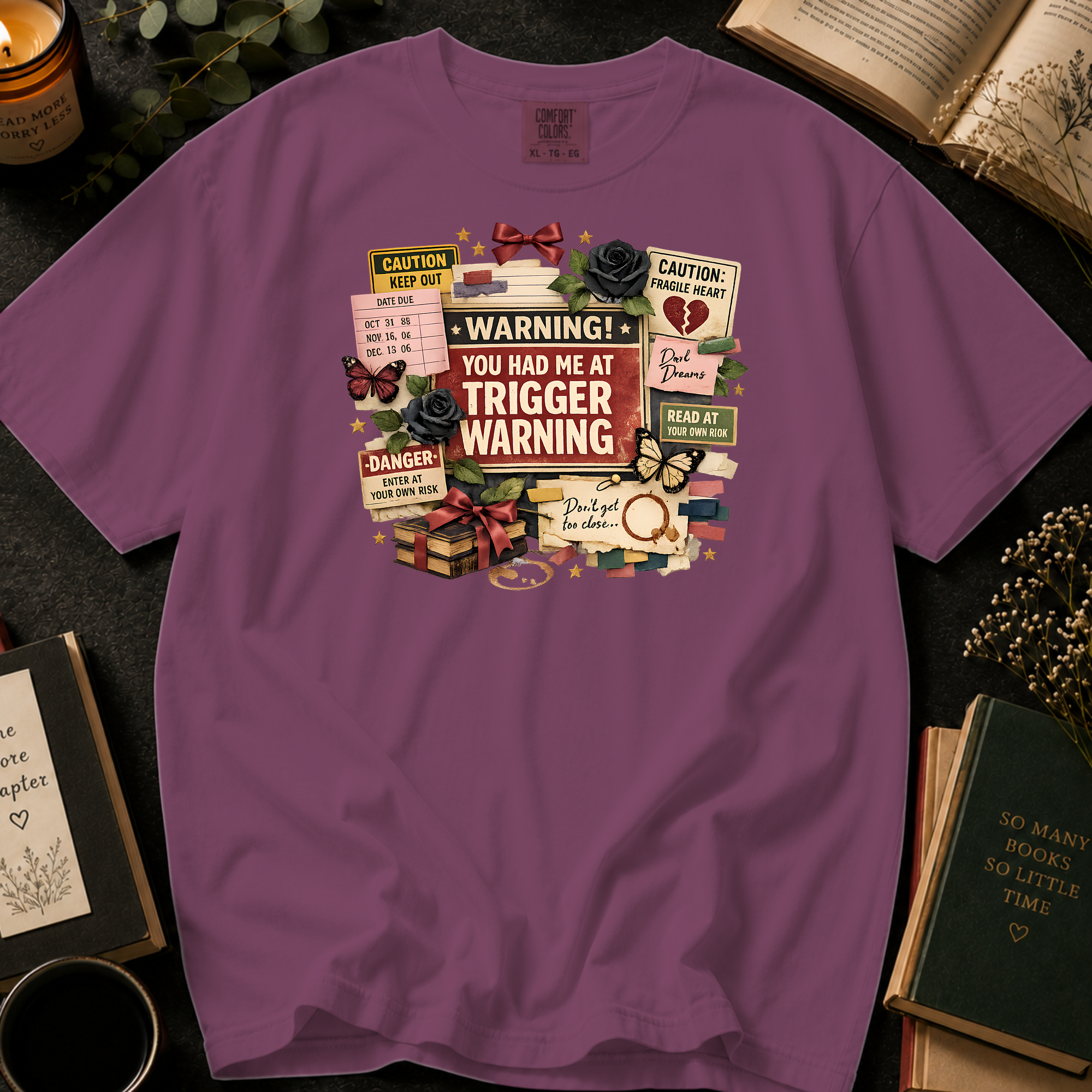 You Had Me At Trigger Warning T-Shirt: Warning Label Collage in Berry - Comfort Colors® T-Shirt