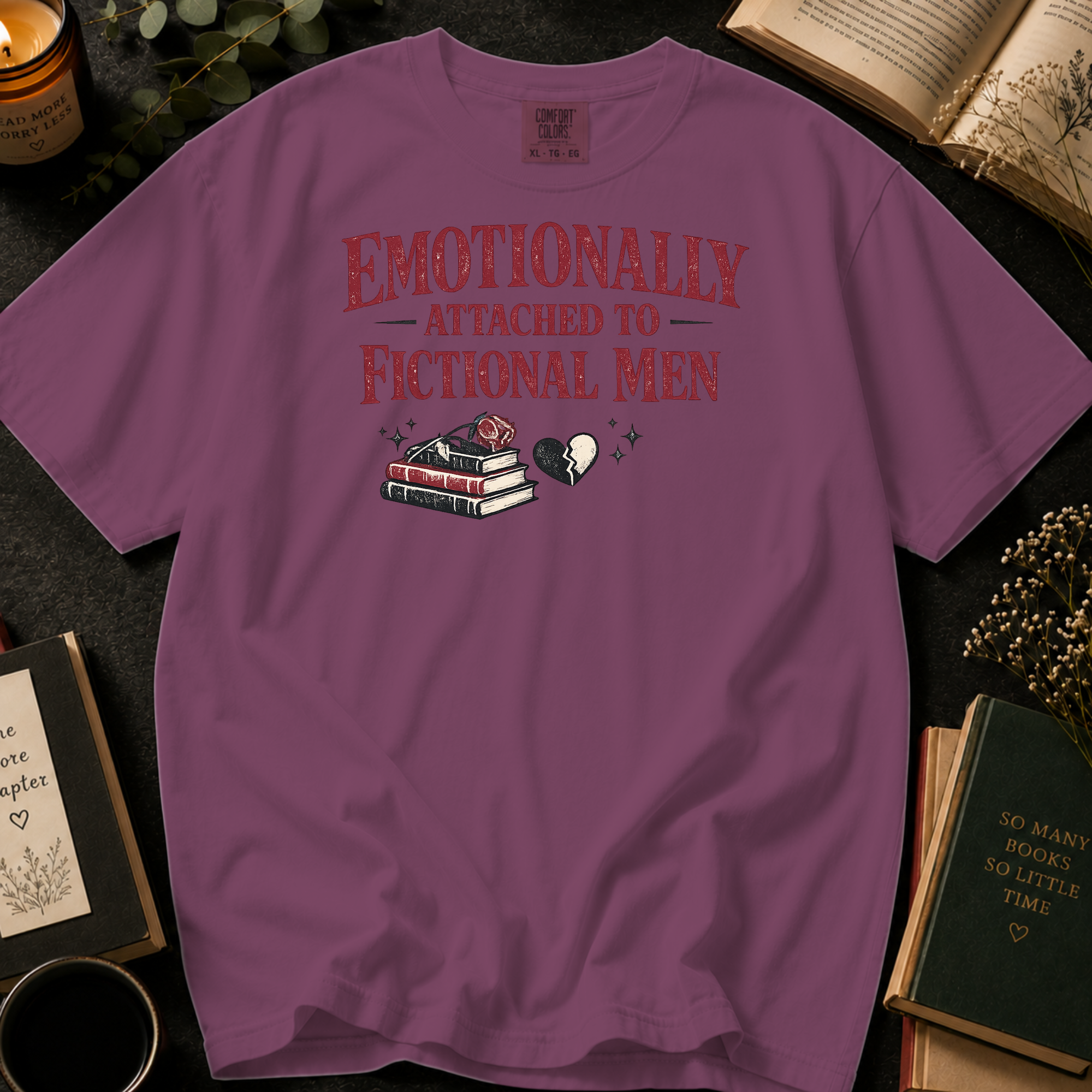 Emotionally Attached to Fictional Men T-Shirt: Broken Heart Book Stack in Berry - Comfort Colors® T-Shirt