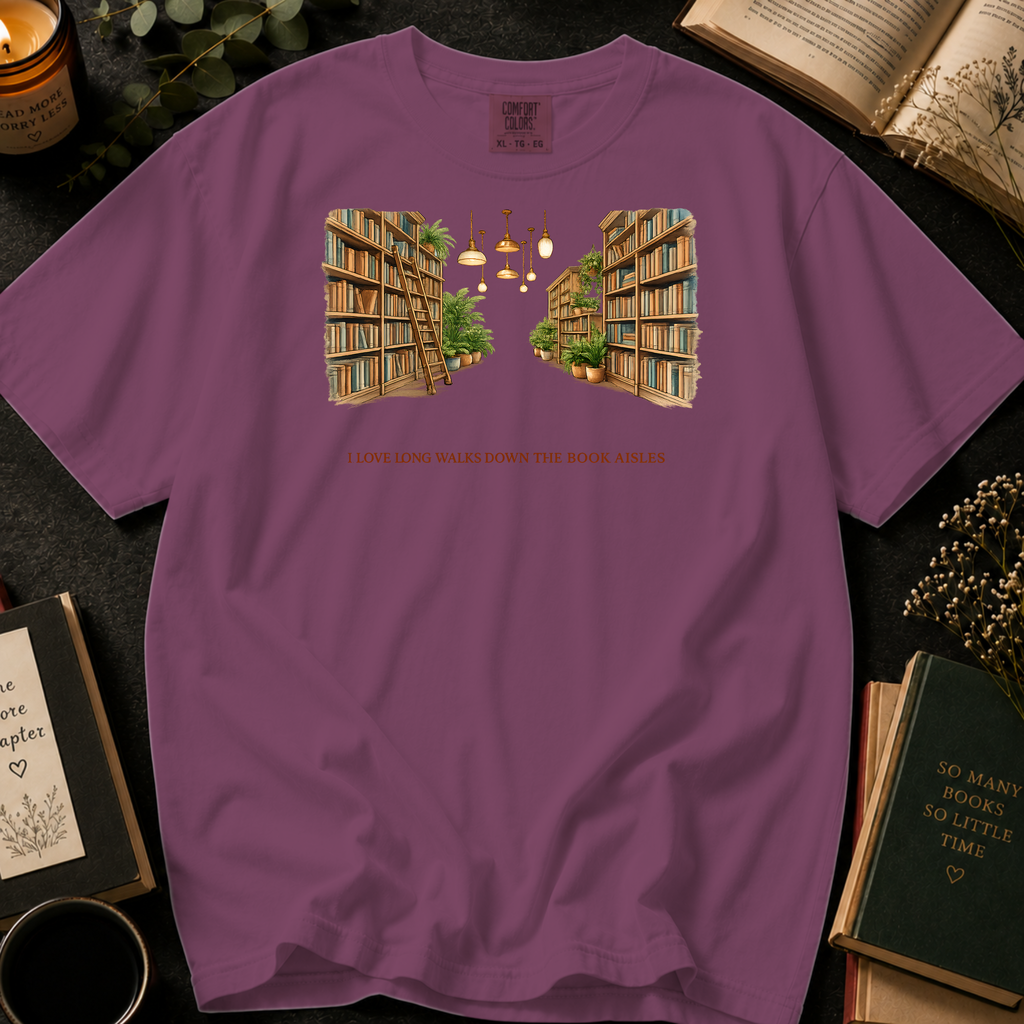 I Love Long Walks Down The Book Aisles T-Shirt: Cozy Library in Berry - Comfort Colors® T-Shirt