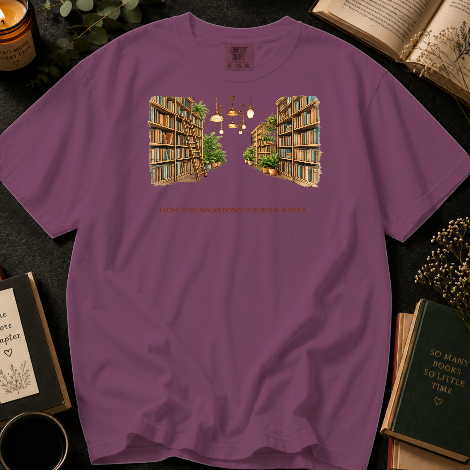 I Love Long Walks Down The Book Aisles T-Shirt: Cozy Library in Berry - Comfort Colors® T-Shirt