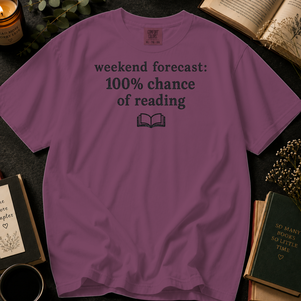 Weekend Forecast 100% Chance of Reading T-Shirt: Minimalist Book Lover in Berry - Comfort Colors® T-Shirt