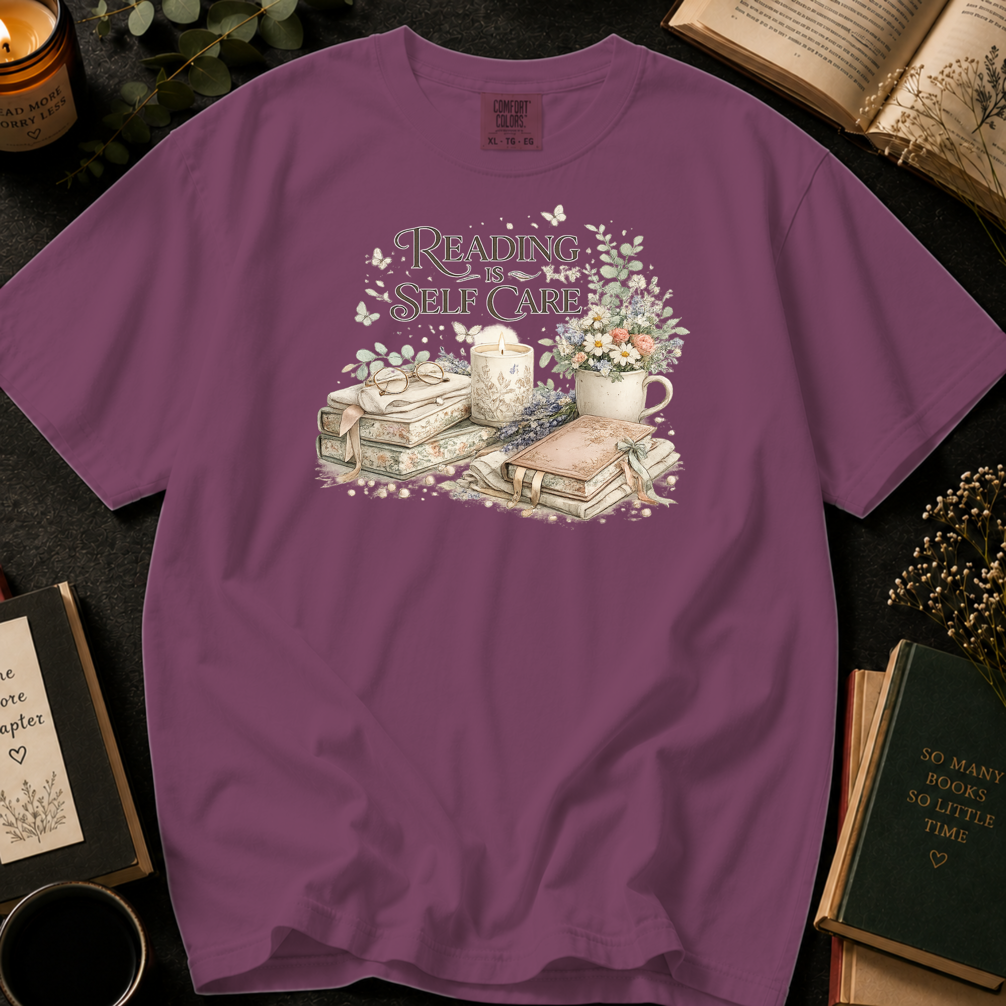 Reading Is Self Care T-Shirt: Candlelight and Books in Berry - Comfort Colors® T-Shirt