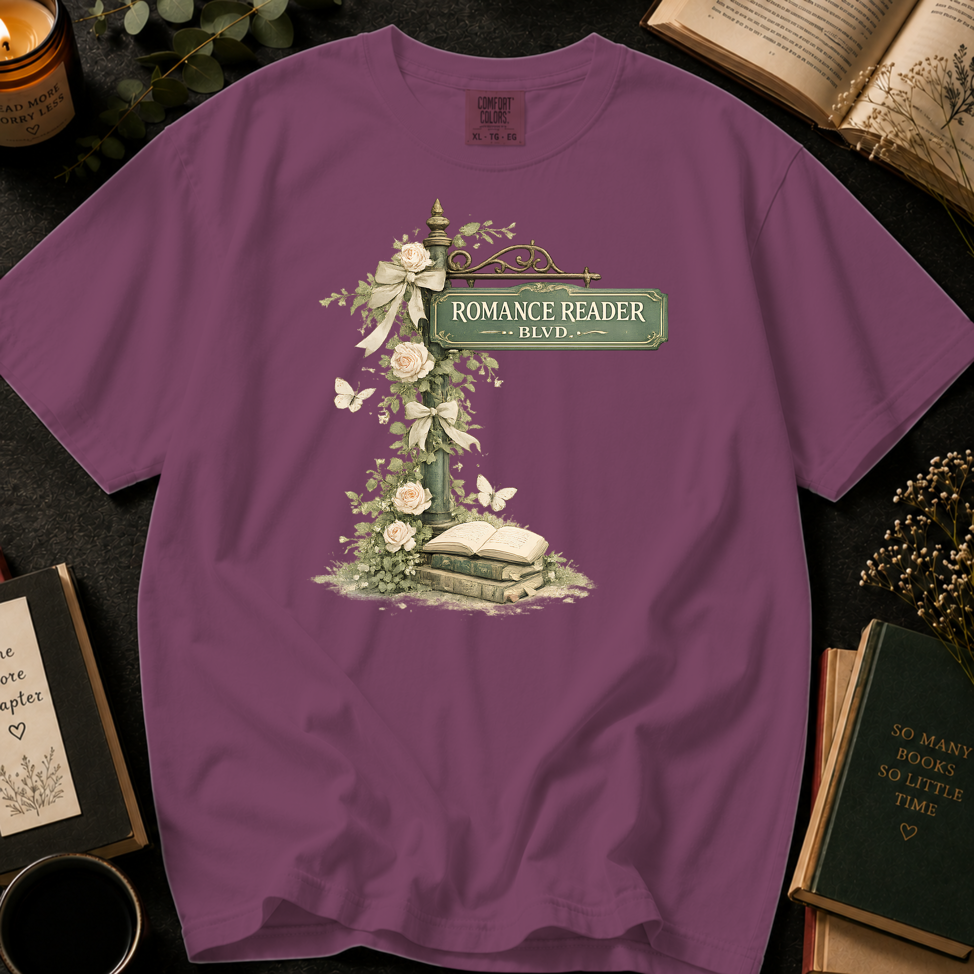 Romance Reader Blvd T-Shirt: Vintage Street Sign Floral in Berry - Comfort Colors® T-Shirt