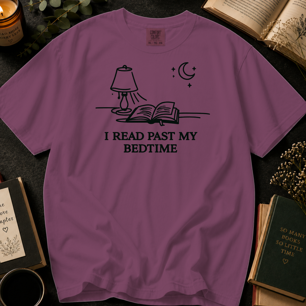 I Read Past My Bedtime T-Shirt: Nightstand Lamp and Book in Berry - Comfort Colors® T-Shirt