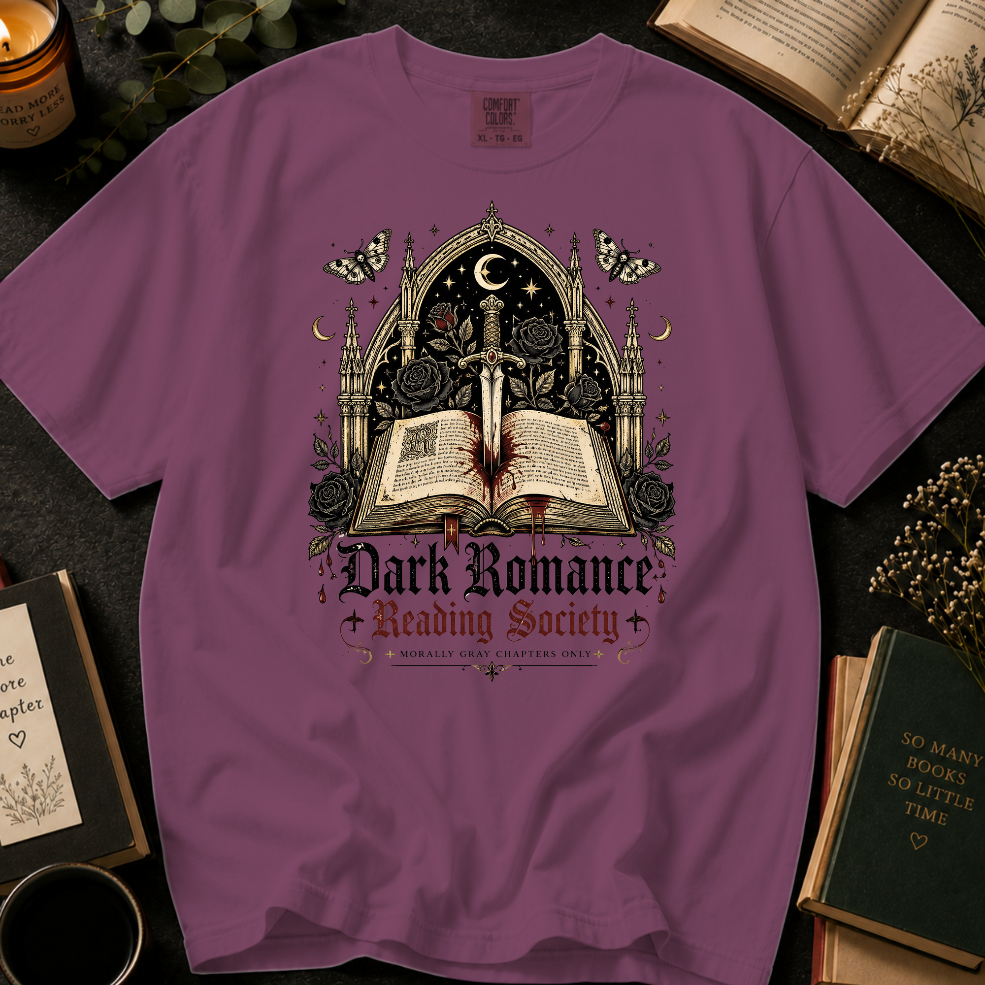 Dark Romance Reading Society T-Shirt: Gothic Dagger and Book in Berry - Comfort Colors® T-Shirt