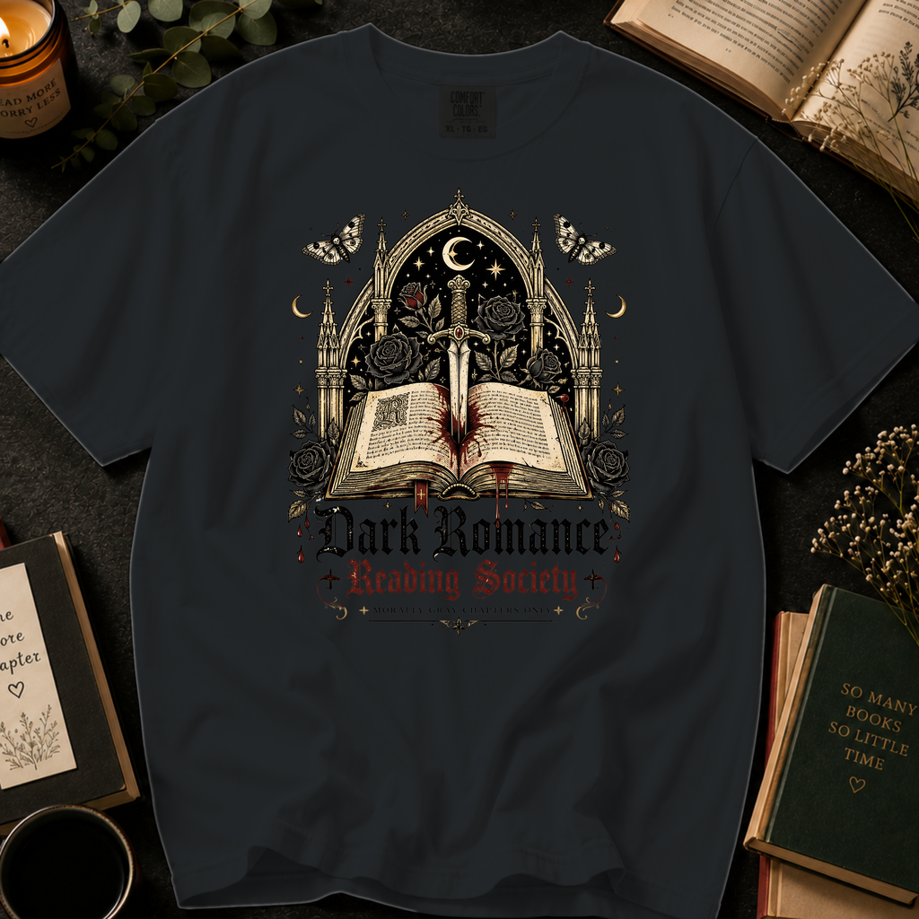 Dark Romance Reading Society T-Shirt: Gothic Dagger and Book in Black - Comfort Colors® T-Shirt