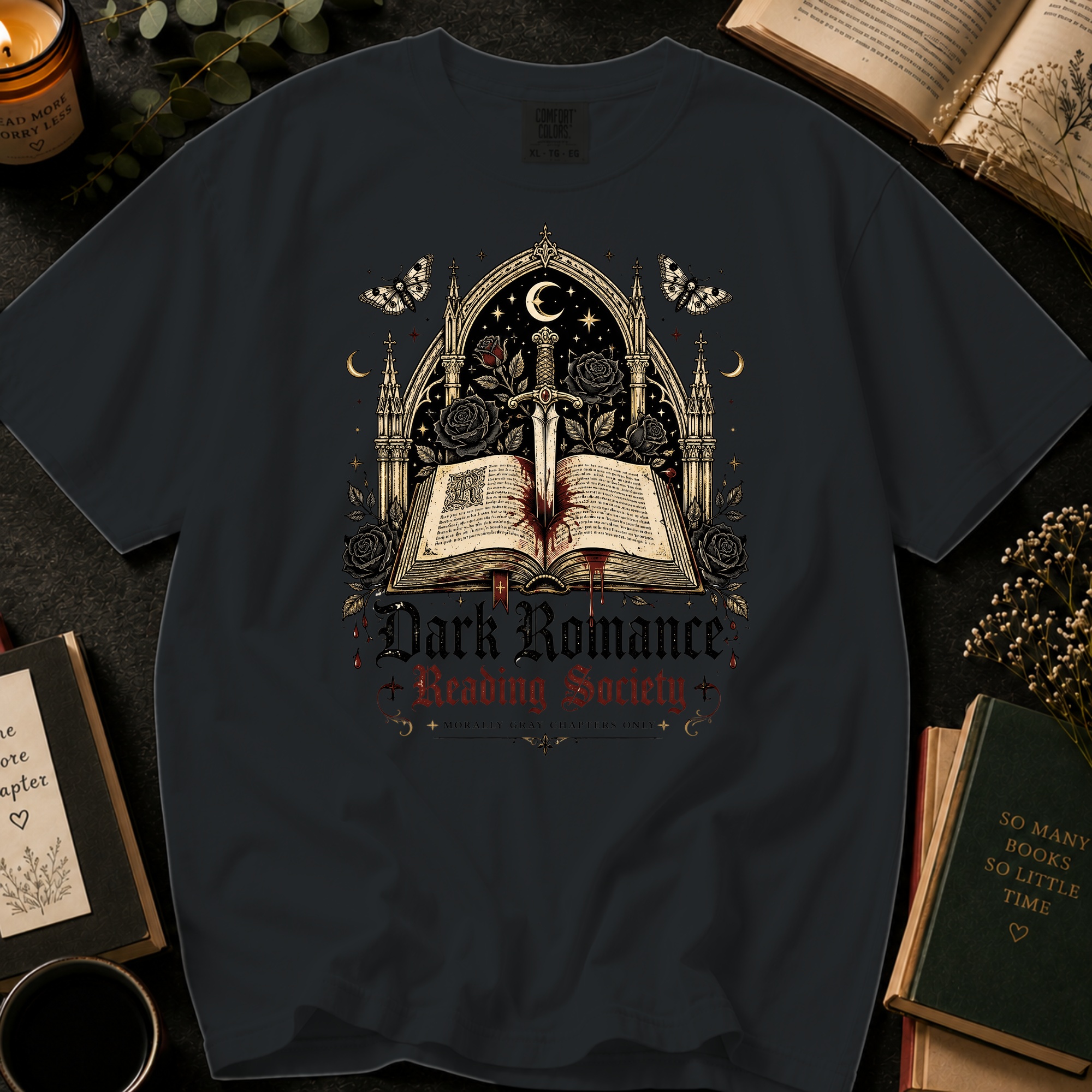 Dark Romance Reading Society T-Shirt: Gothic Dagger and Book in Black - Comfort Colors® T-Shirt