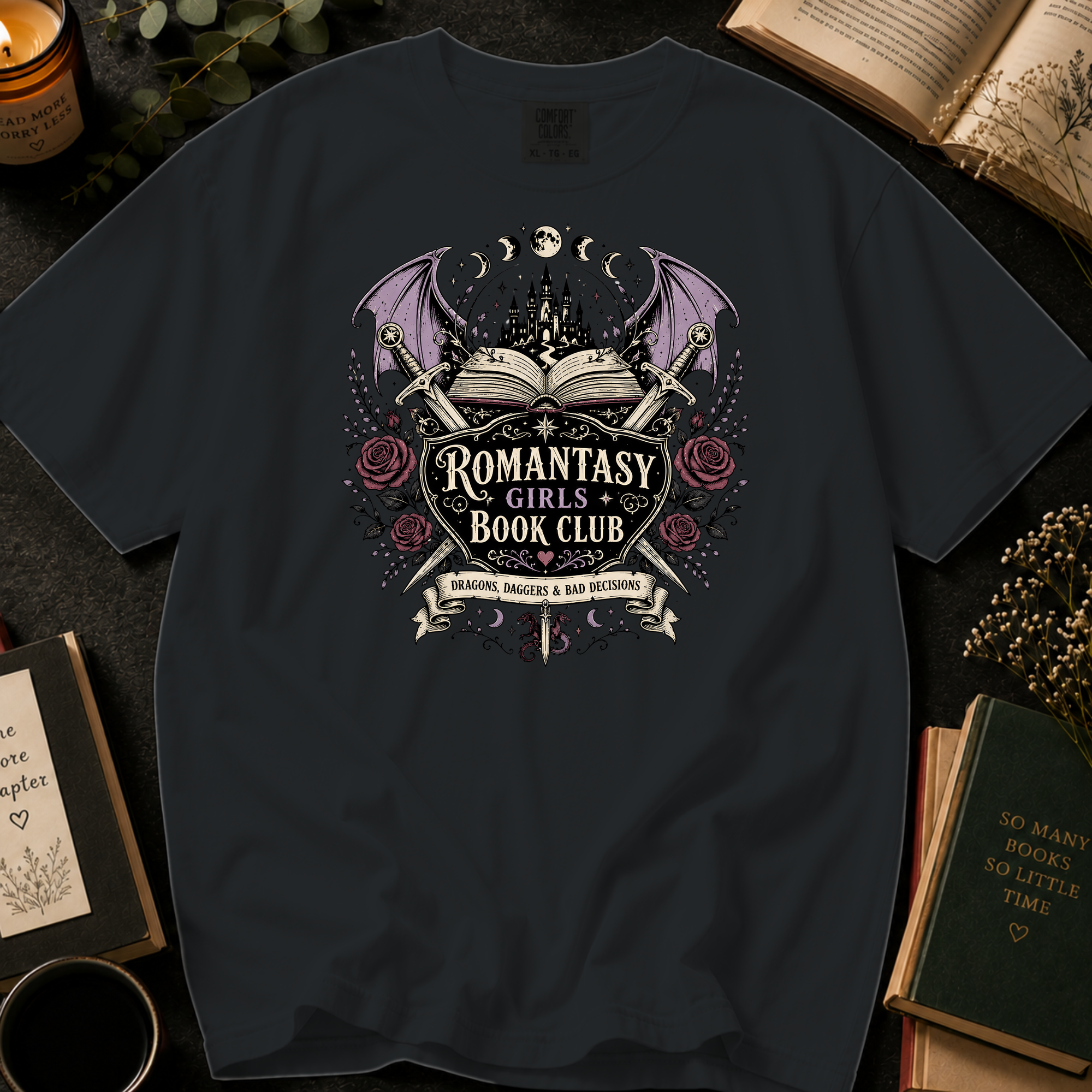 Romantasy Girls Book Club T-Shirt: Dragons and Daggers Fantasy Reader in Black - Comfort Colors® T-Shirt