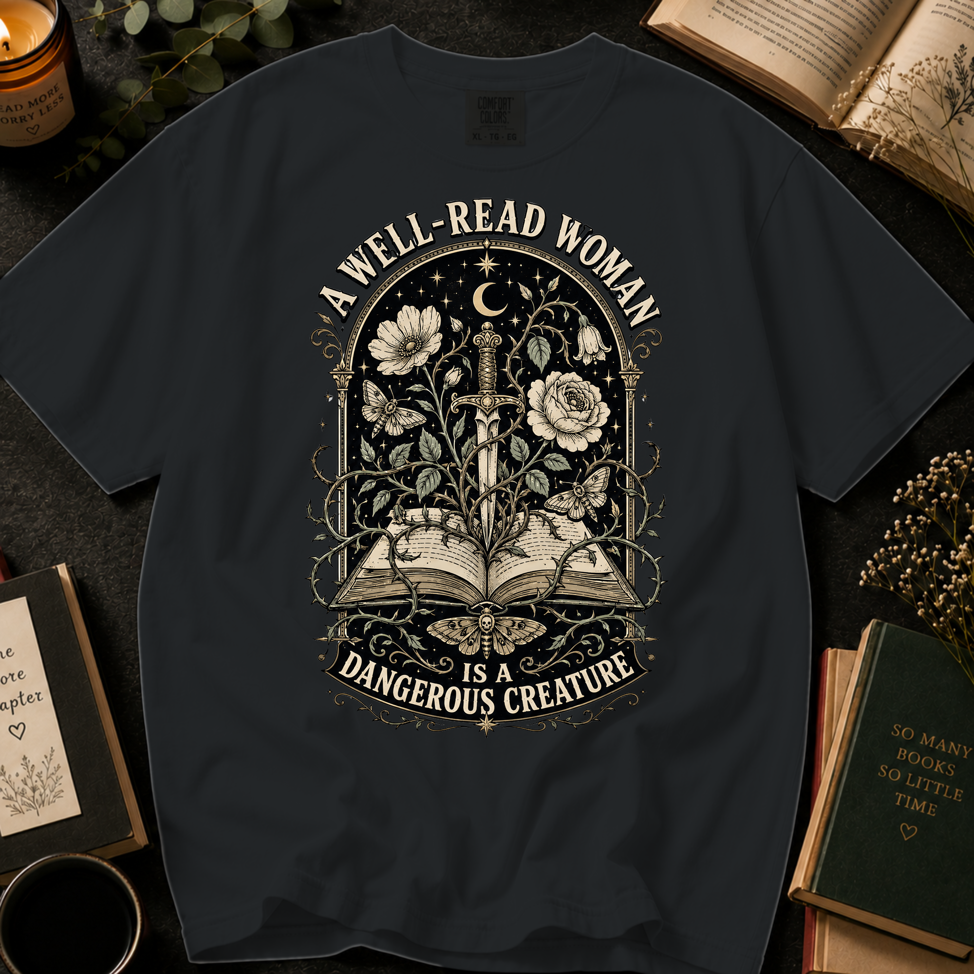 A Well-Read Woman Is a Dangerous Creature T-Shirt: Dark Academia Sword and Book in Black - Comfort Colors® T-Shirt