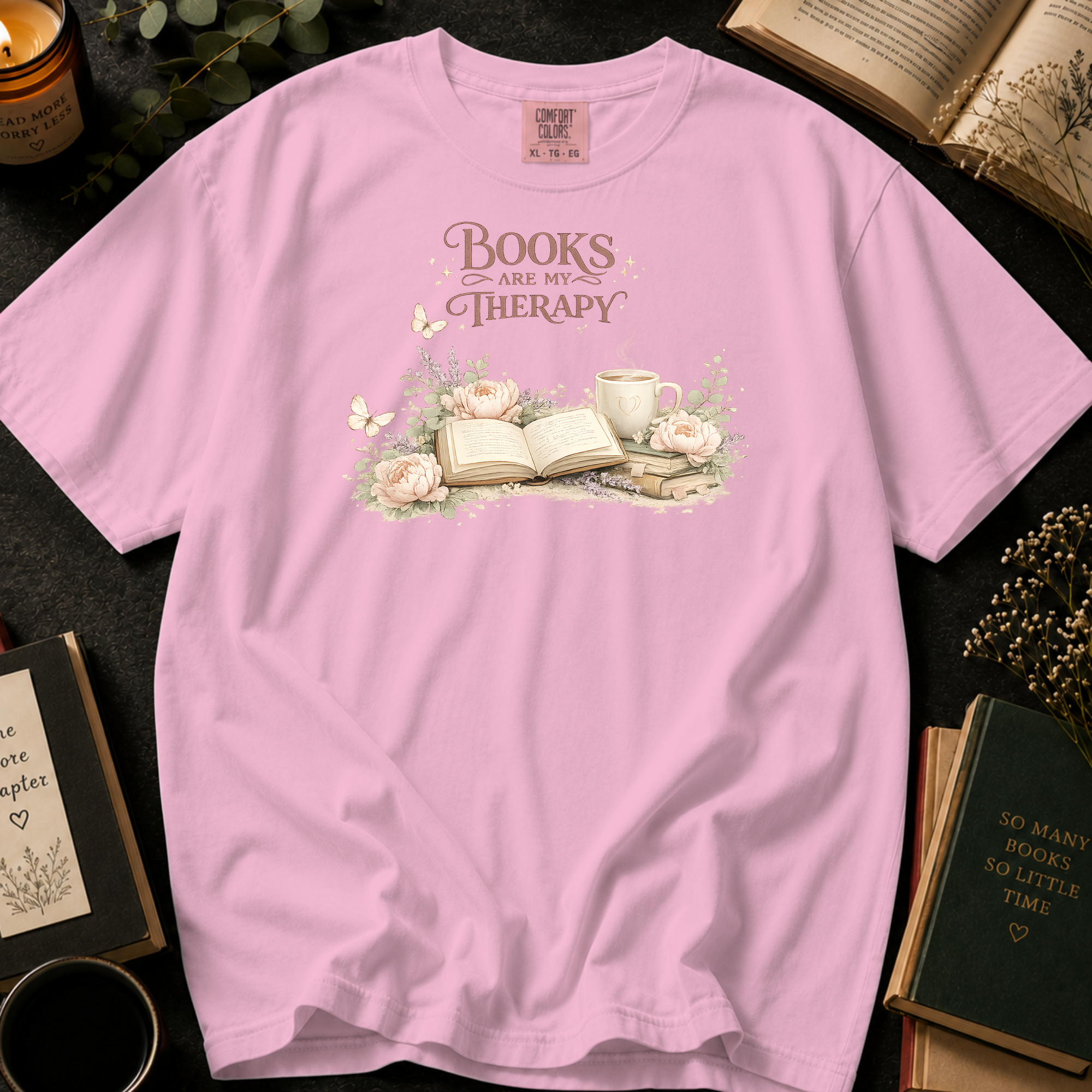 Books Are My Therapy T-Shirt: Floral Reading Nook in Blossom - Comfort Colors® T-Shirt