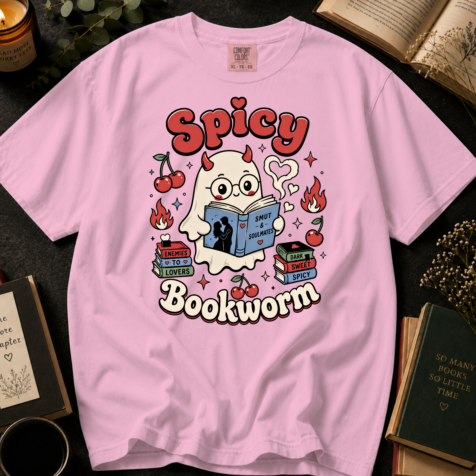 Spicy Bookworm T-Shirt: Cute Devil Ghost Reading Graphic Tee