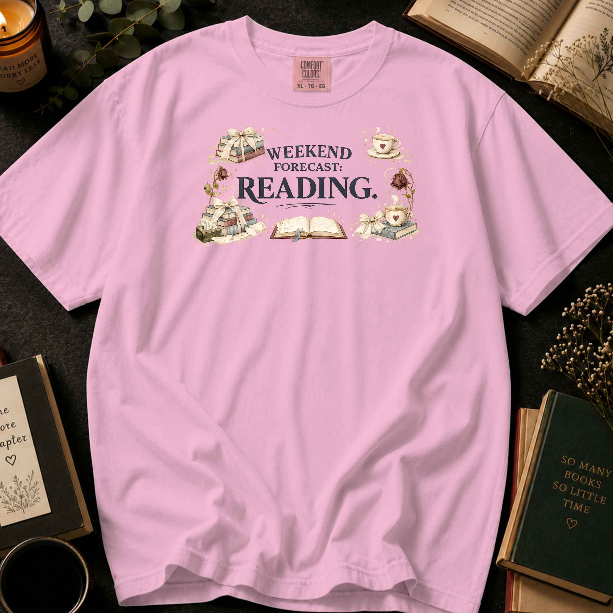 Weekend Forecast Reading T-Shirt: Book Lover in Blossom - Comfort Colors® T-Shirt