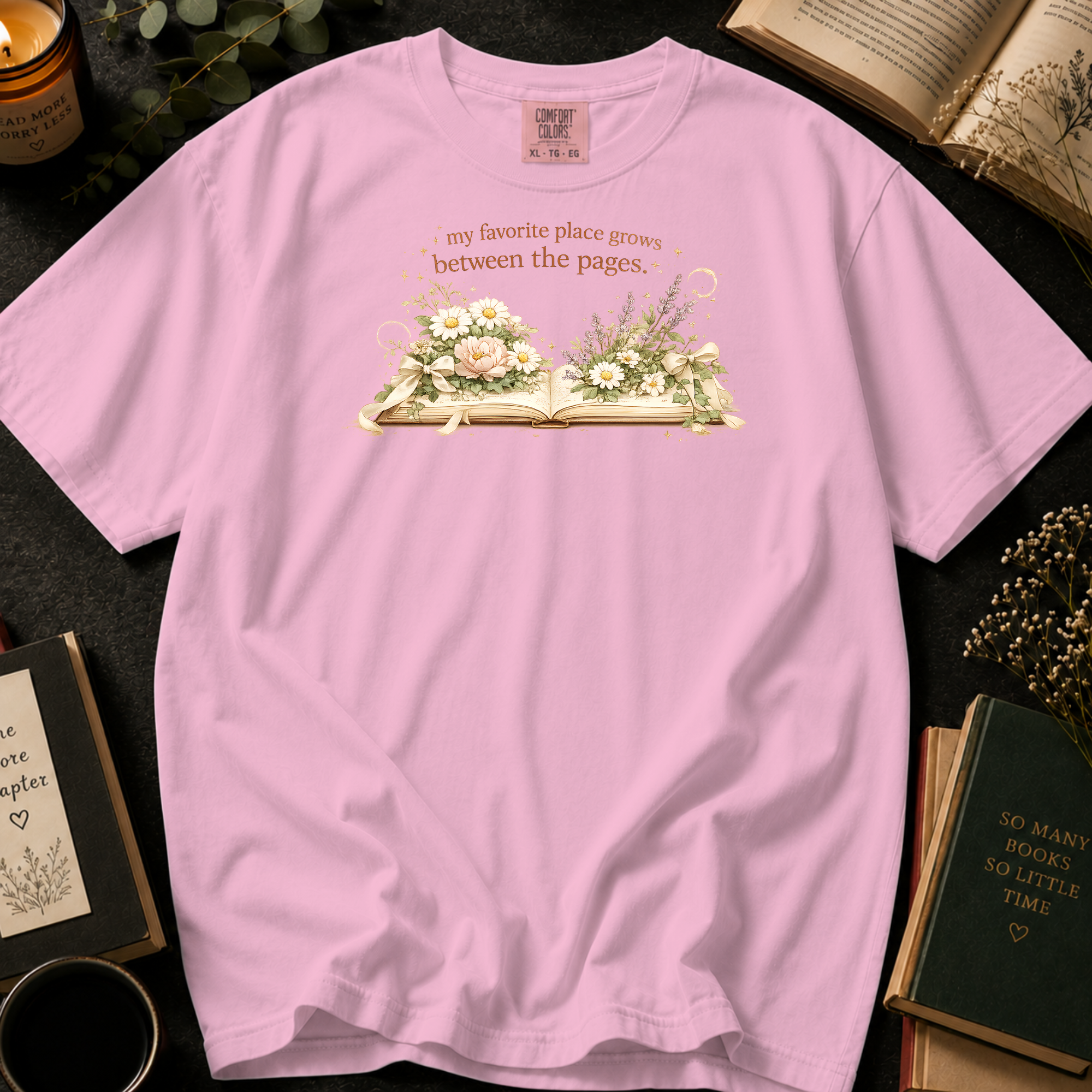 My Favorite Place Grows Between the Pages T-Shirt: Floral Open Book in Blossom - Comfort Colors® T-Shirt