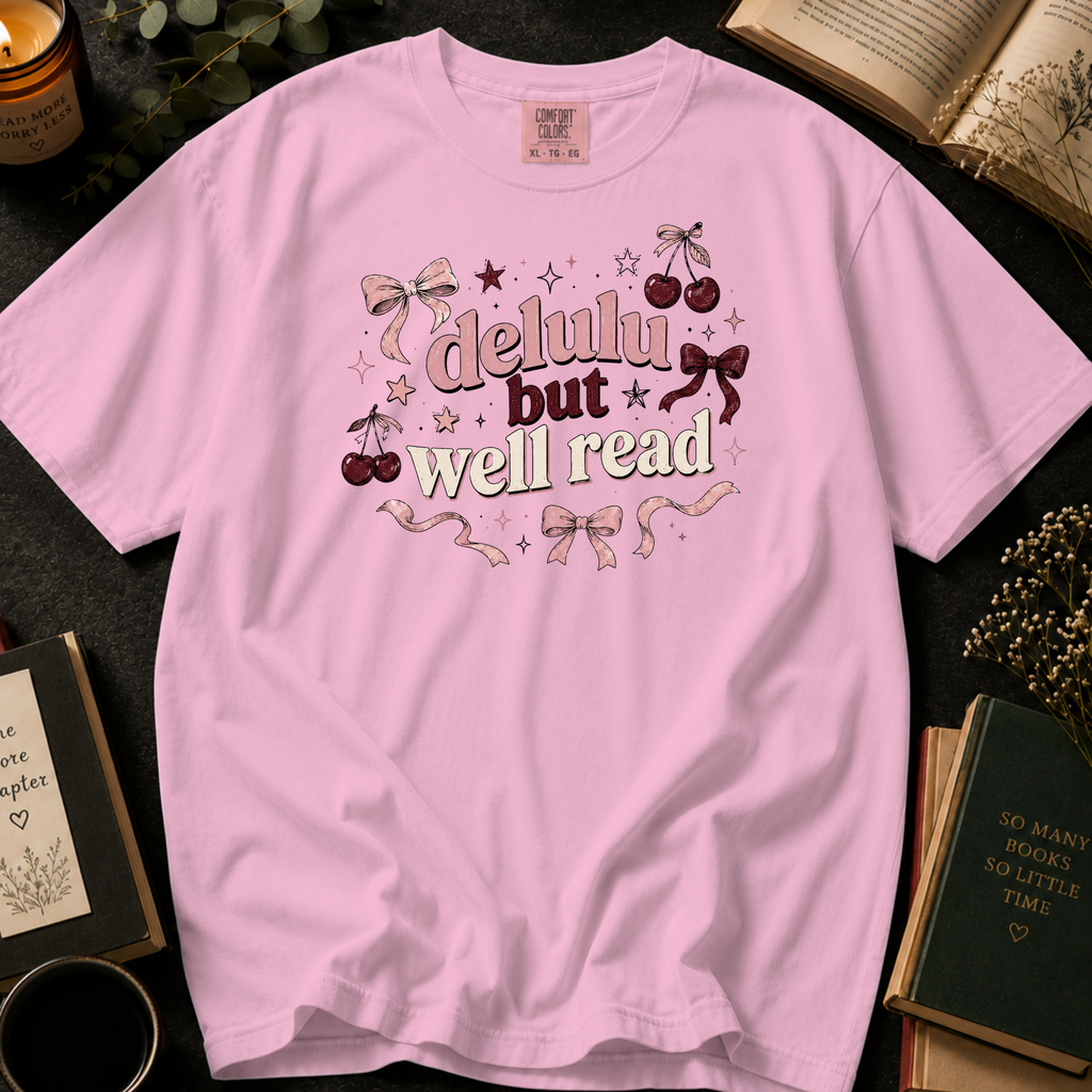 Delulu But Well Read T-Shirt: Retro Cherry and Bow in Blossom - Comfort Colors® T-Shirt