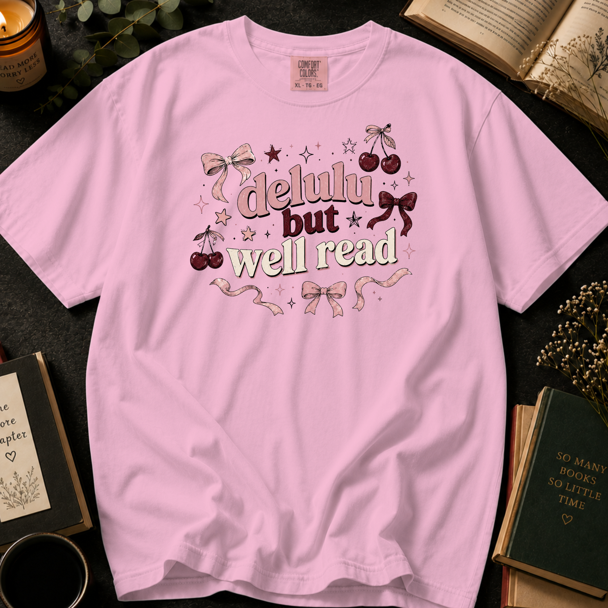 Delulu But Well Read T-Shirt: Retro Cherry and Bow in Blossom - Comfort Colors® T-Shirt
