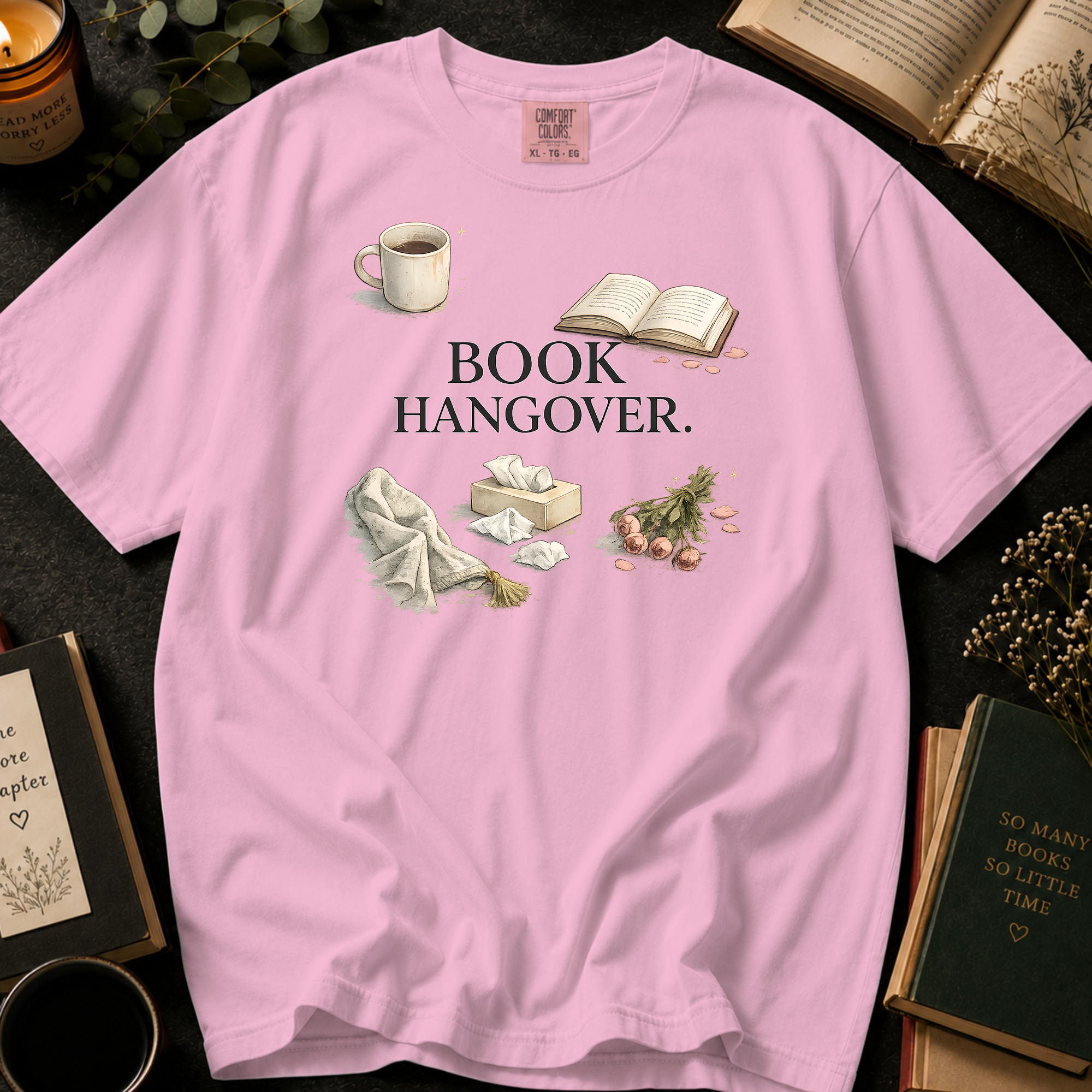 Book Hangover T-Shirt: Cozy Morning After in Blossom - Comfort Colors® T-Shirt