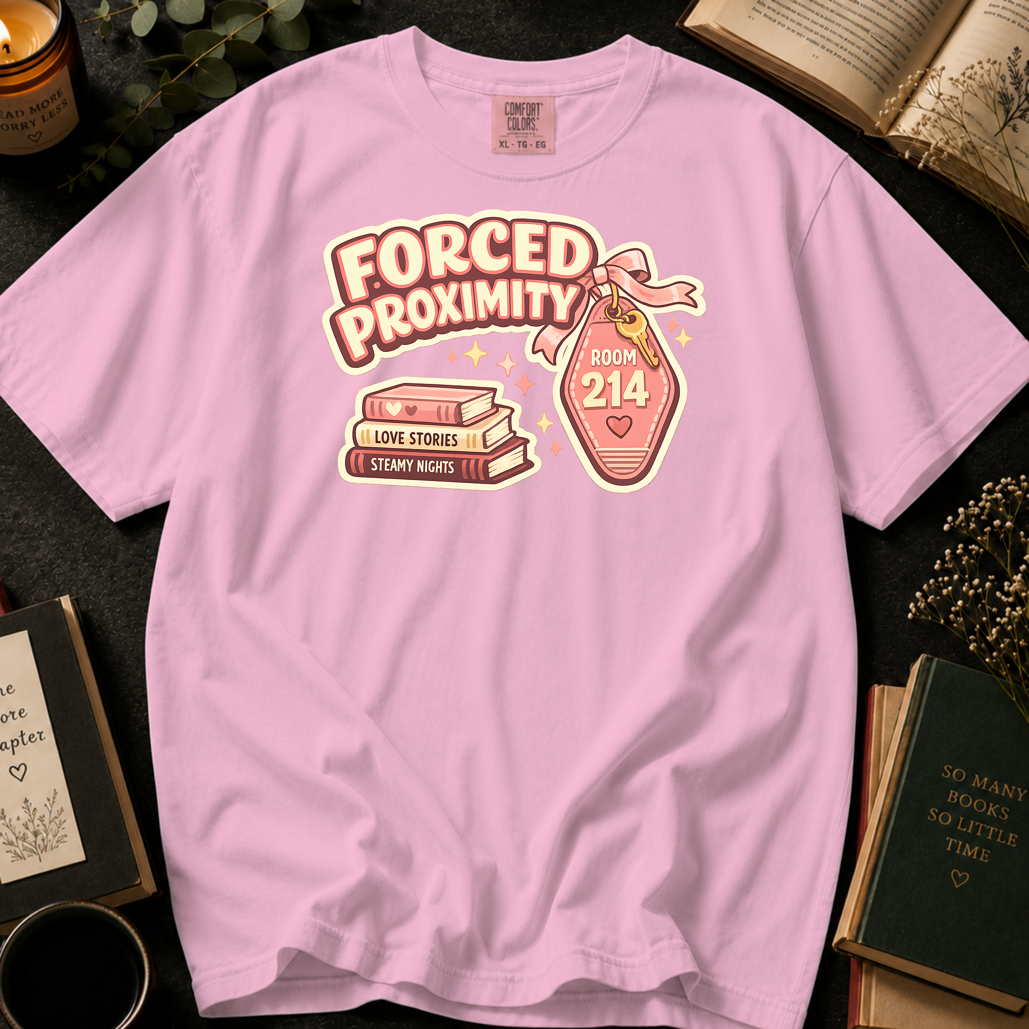 Forced Proximity Room 214 T-Shirt: Retro Motel Keychain in Blossom - Comfort Colors® T-Shirt