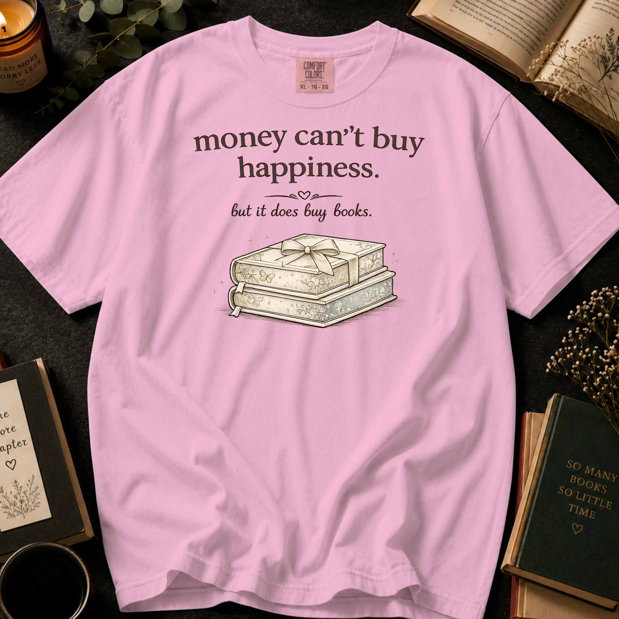 Money Can't Buy Happiness But It Does Buy Books T-Shirt: Gift Wrapped Stack in Blossom - Comfort Colors® T-Shirt
