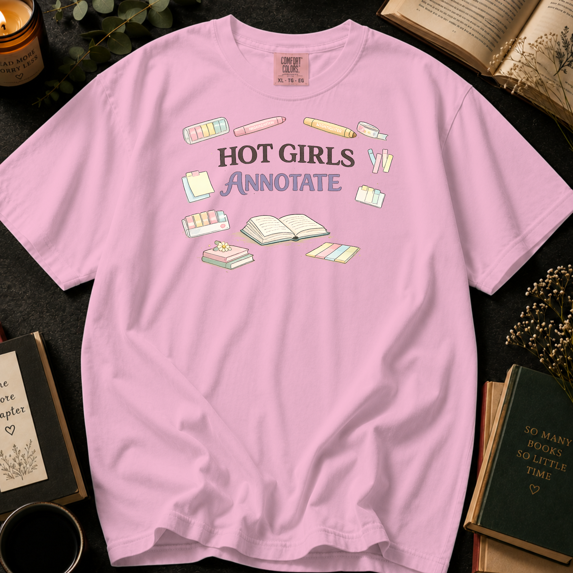 Hot Girls Annotate T-Shirt: Highlighters and Tabs in Blossom - Comfort Colors® T-Shirt