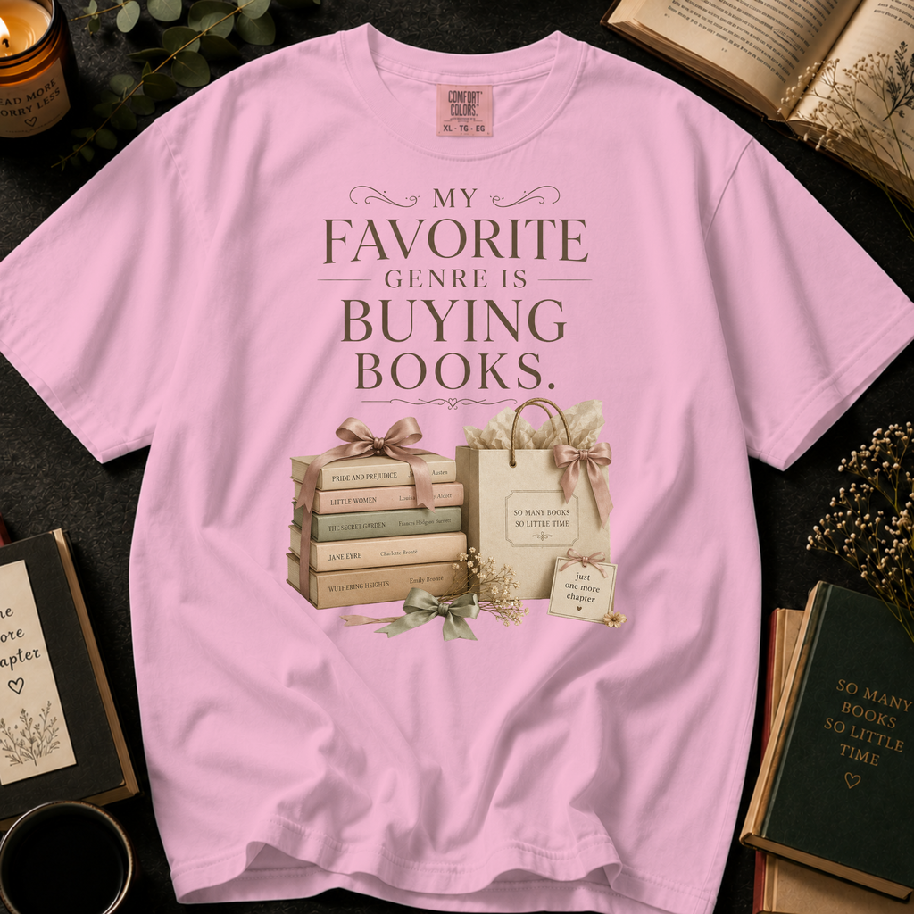 My Favorite Genre Is Buying Books T-Shirt: Classic Book Stack and Gift Bag in Blossom - Comfort Colors® T-Shirt