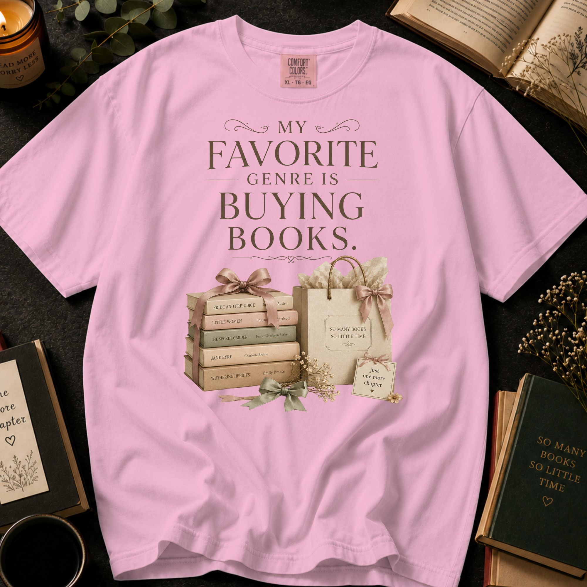 My Favorite Genre Is Buying Books T-Shirt: Classic Book Stack and Gift Bag in Blossom - Comfort Colors® T-Shirt