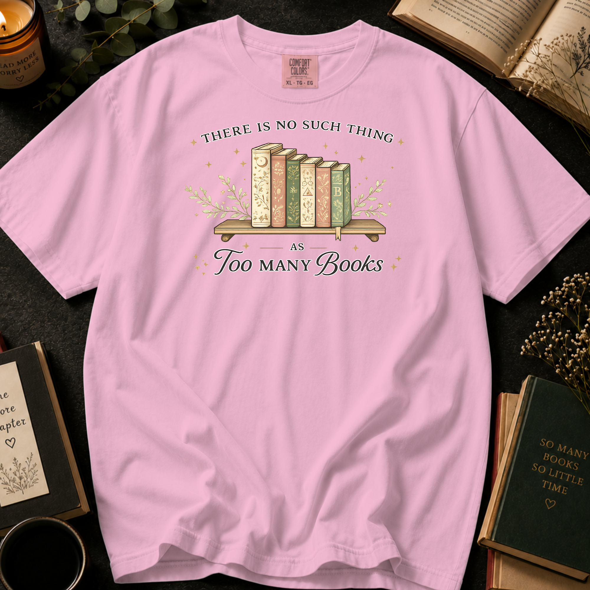 There Is No Such Thing As Too Many Books T-Shirt: Vintage Bookshelf in Blossom - Comfort Colors® T-Shirt