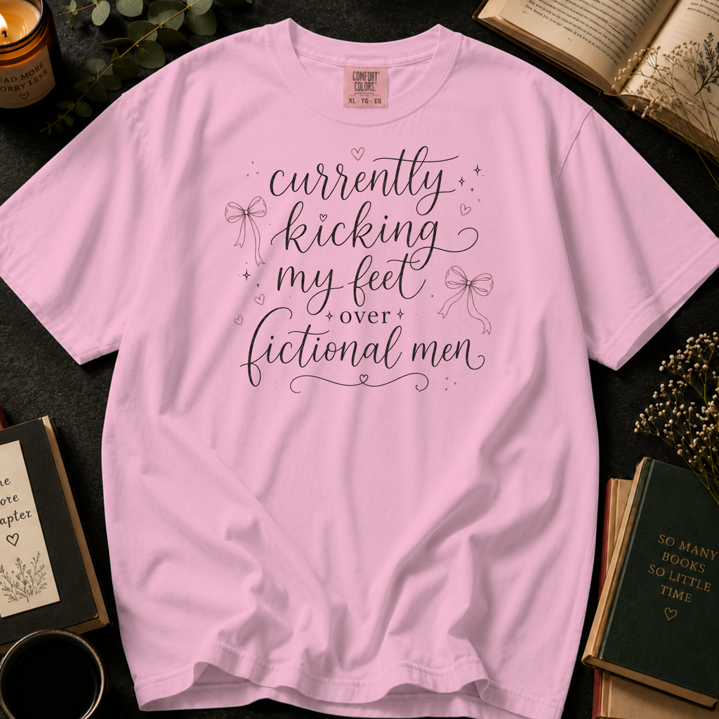 Currently Kicking My Feet Over Fictional Men T-Shirt: Script and Bows Graphic Tee