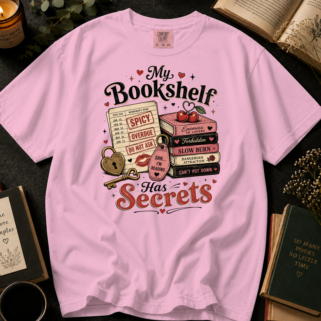 My Bookshelf Has Secrets T-Shirt: Spicy Romance Library Card in Blossom - Comfort Colors® T-Shirt