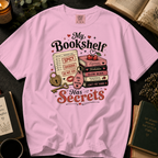 My Bookshelf Has Secrets T-Shirt: Spicy Romance Library Card in Blossom - Comfort Colors® T-Shirt