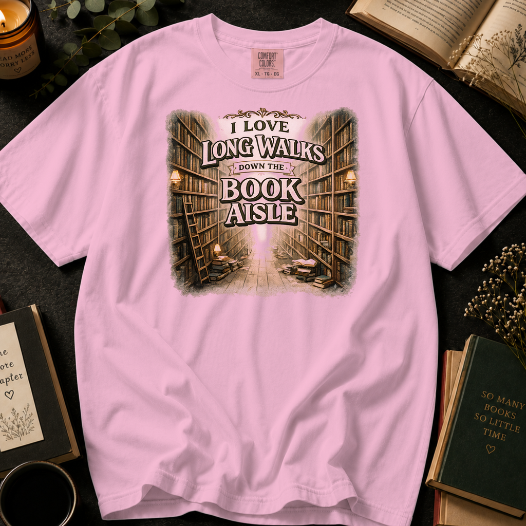 I Love Long Walks Down The Book Aisle T-Shirt: Vintage Bookstore in Blossom - Comfort Colors® T-Shirt