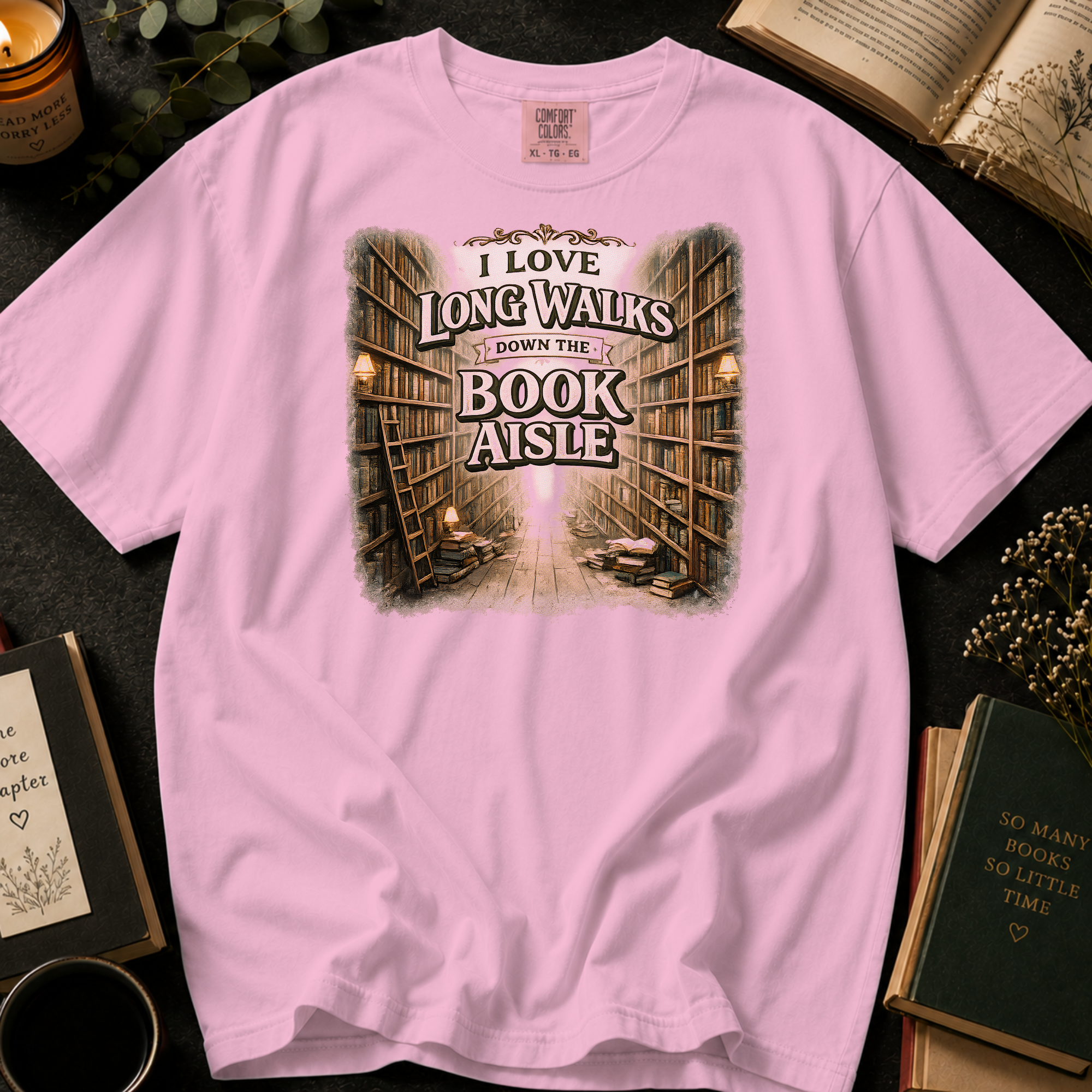 I Love Long Walks Down The Book Aisle T-Shirt: Vintage Bookstore in Blossom - Comfort Colors® T-Shirt