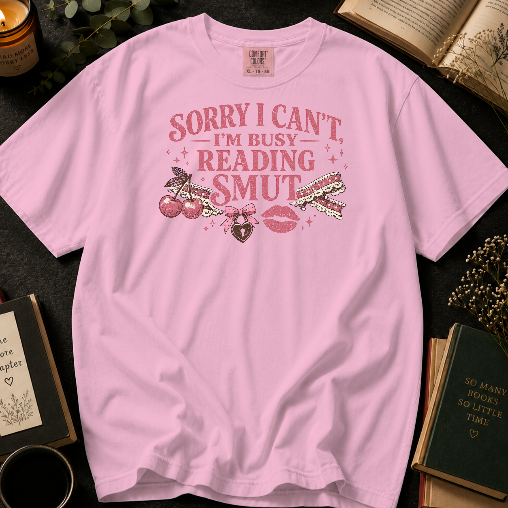 Sorry I Can't I'm Busy Reading Smut T-Shirt: Cherries and Bows in Blossom - Comfort Colors® T-Shirt