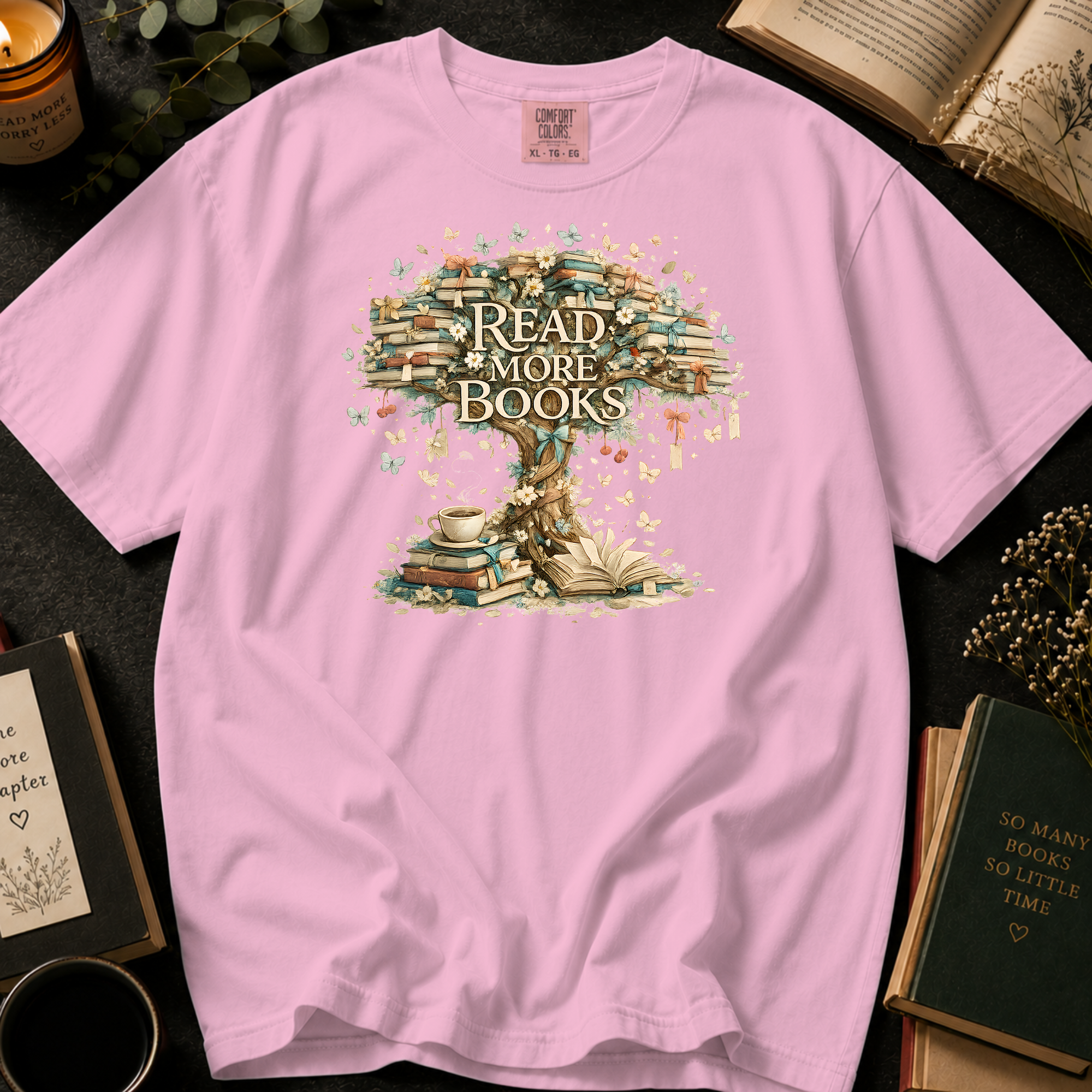 Read More Books T-Shirt: Vintage Book Tree in Blossom - Comfort Colors® T-Shirt