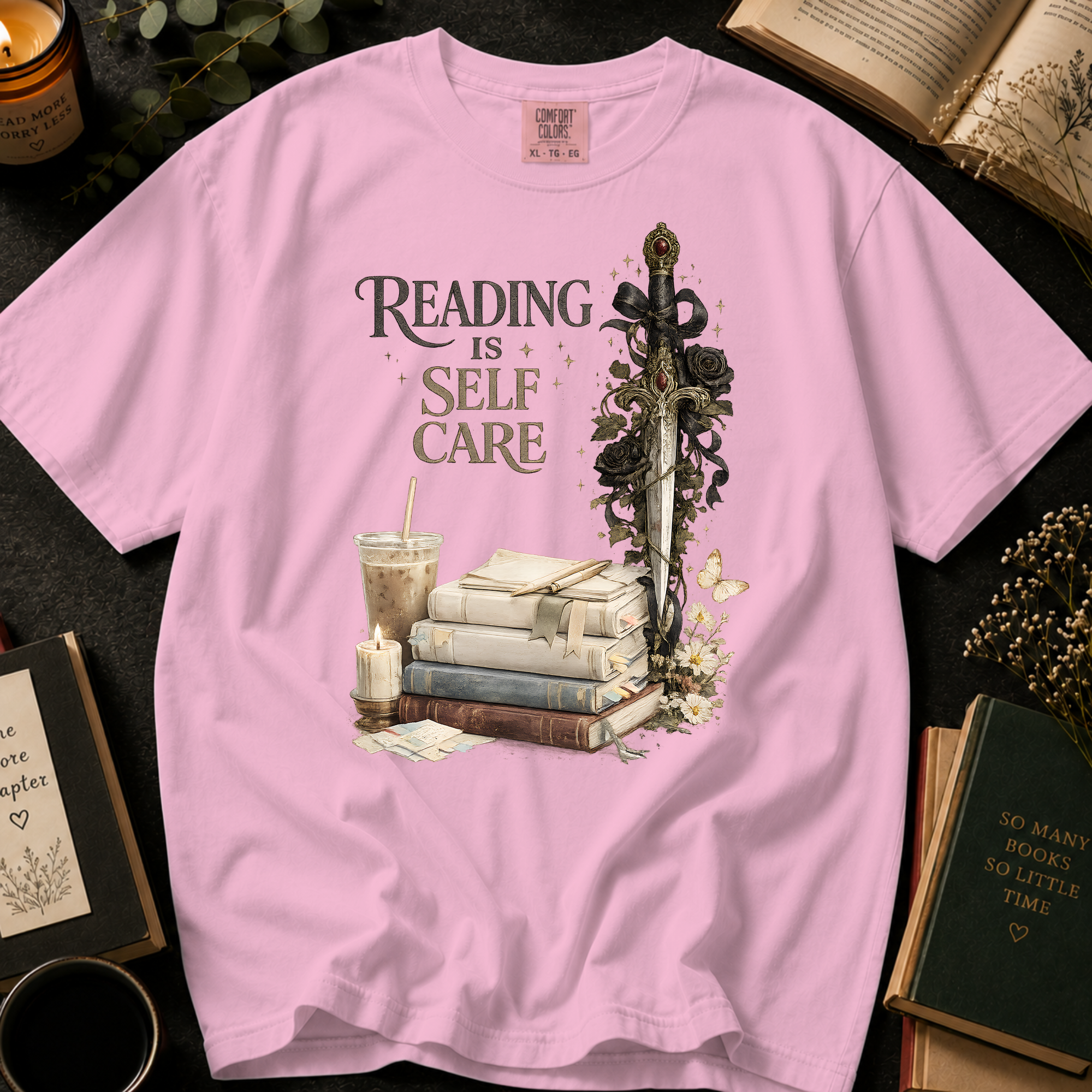 Reading Is Self Care T-Shirt: Gothic Dagger and Black Roses in Blossom - Comfort Colors® T-Shirt