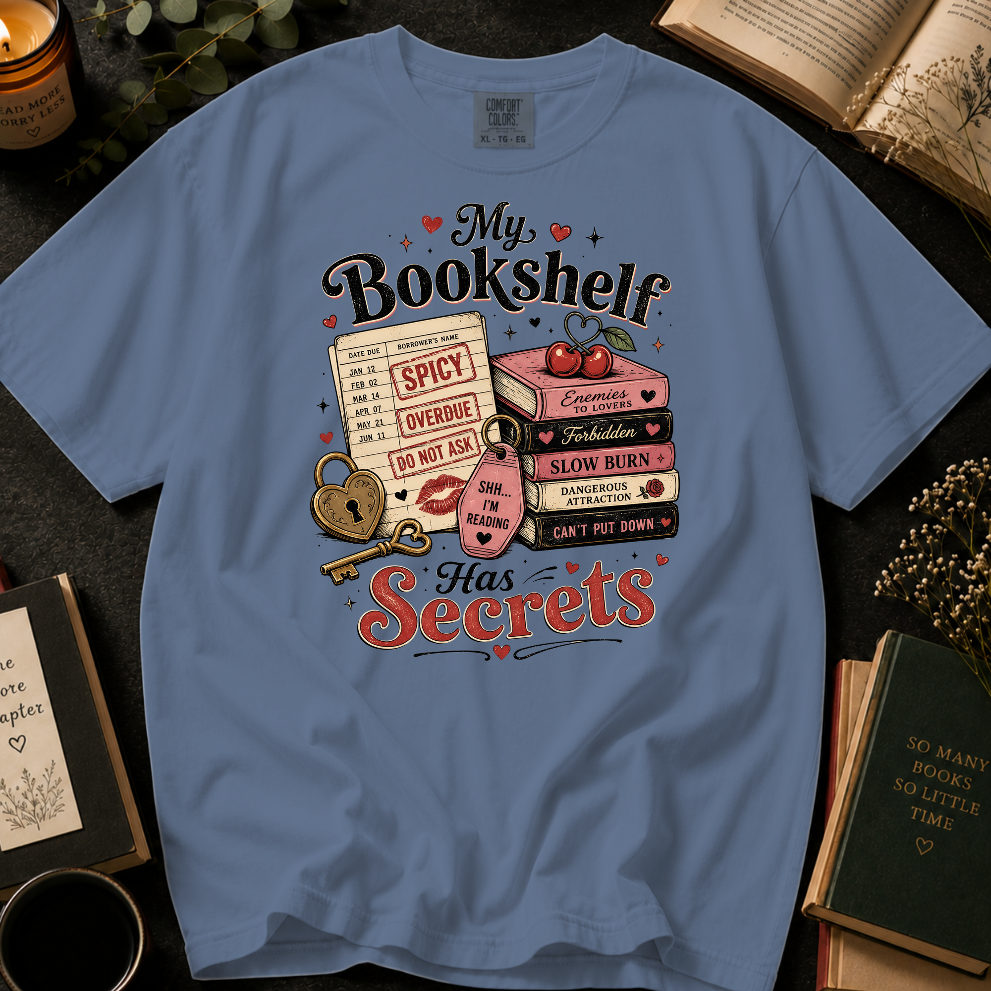 My Bookshelf Has Secrets T-Shirt: Spicy Romance Library Card in Blue Jean - Comfort Colors® T-Shirt