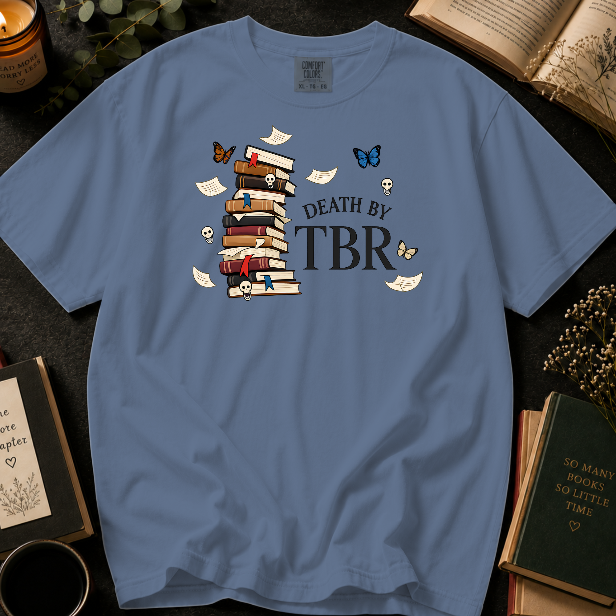 Death By TBR T-Shirt: Gothic Book Stack in Blue Jean - Comfort Colors® T-Shirt