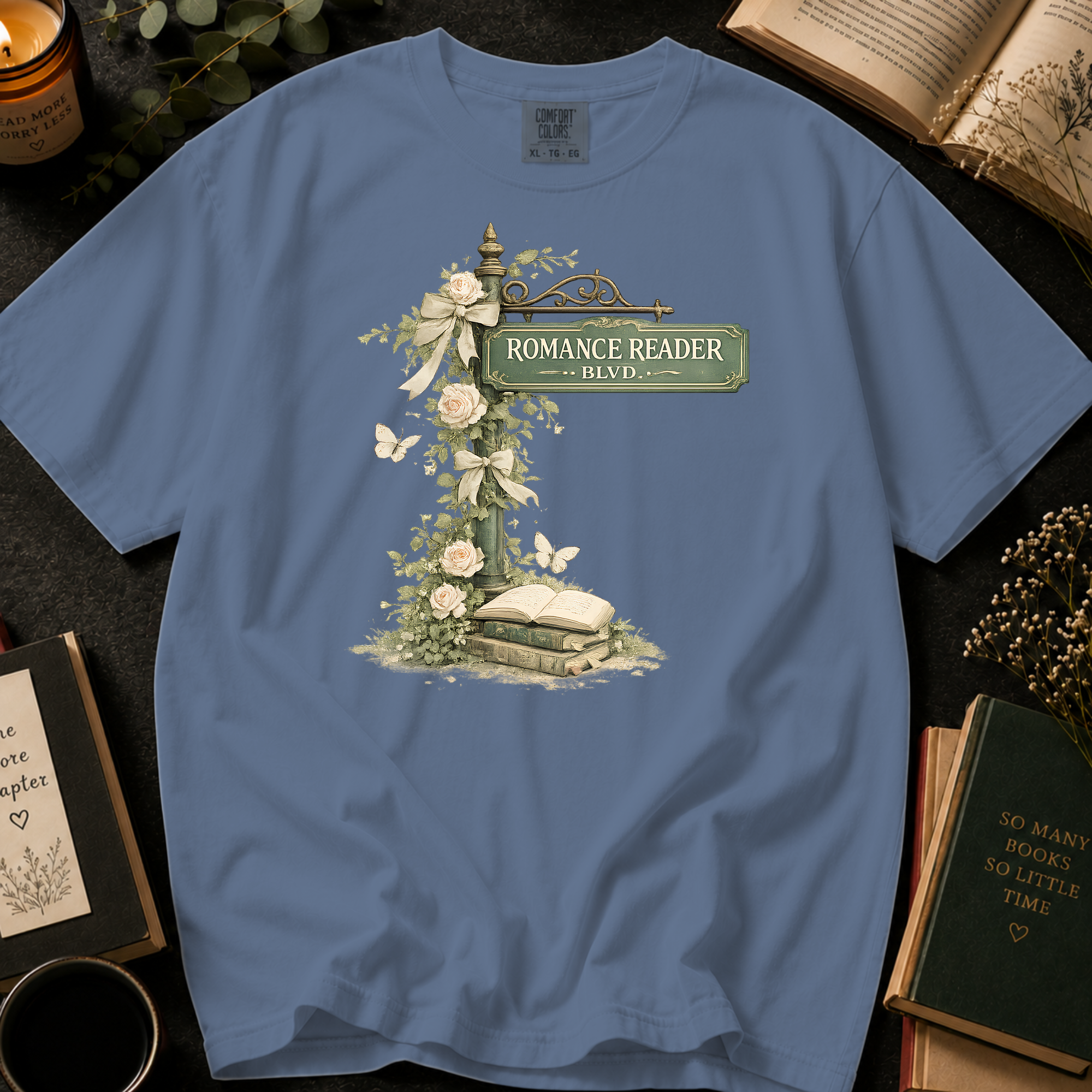 Romance Reader Blvd T-Shirt: Vintage Street Sign Floral in Blue Jean - Comfort Colors® T-Shirt