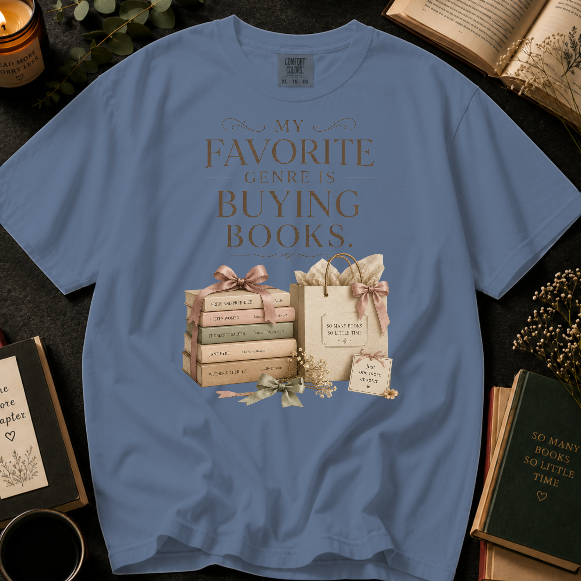 My Favorite Genre Is Buying Books T-Shirt: Classic Book Stack and Gift Bag in Blue Jean - Comfort Colors® T-Shirt