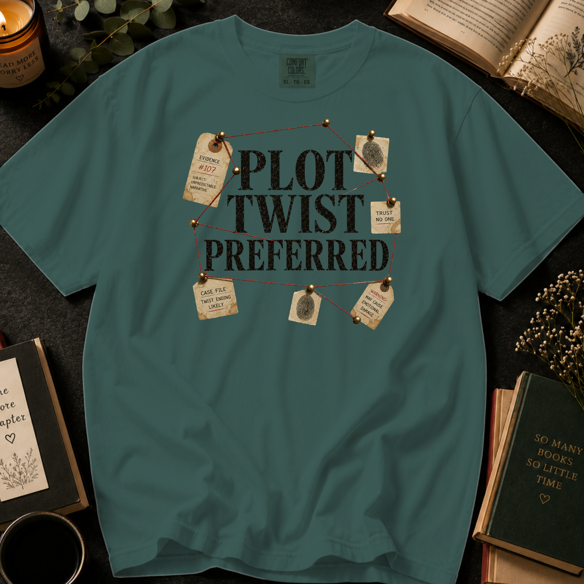 Plot Twist Preferred T-Shirt: Detective Evidence Board in Blue Spruce - Comfort Colors® T-Shirt